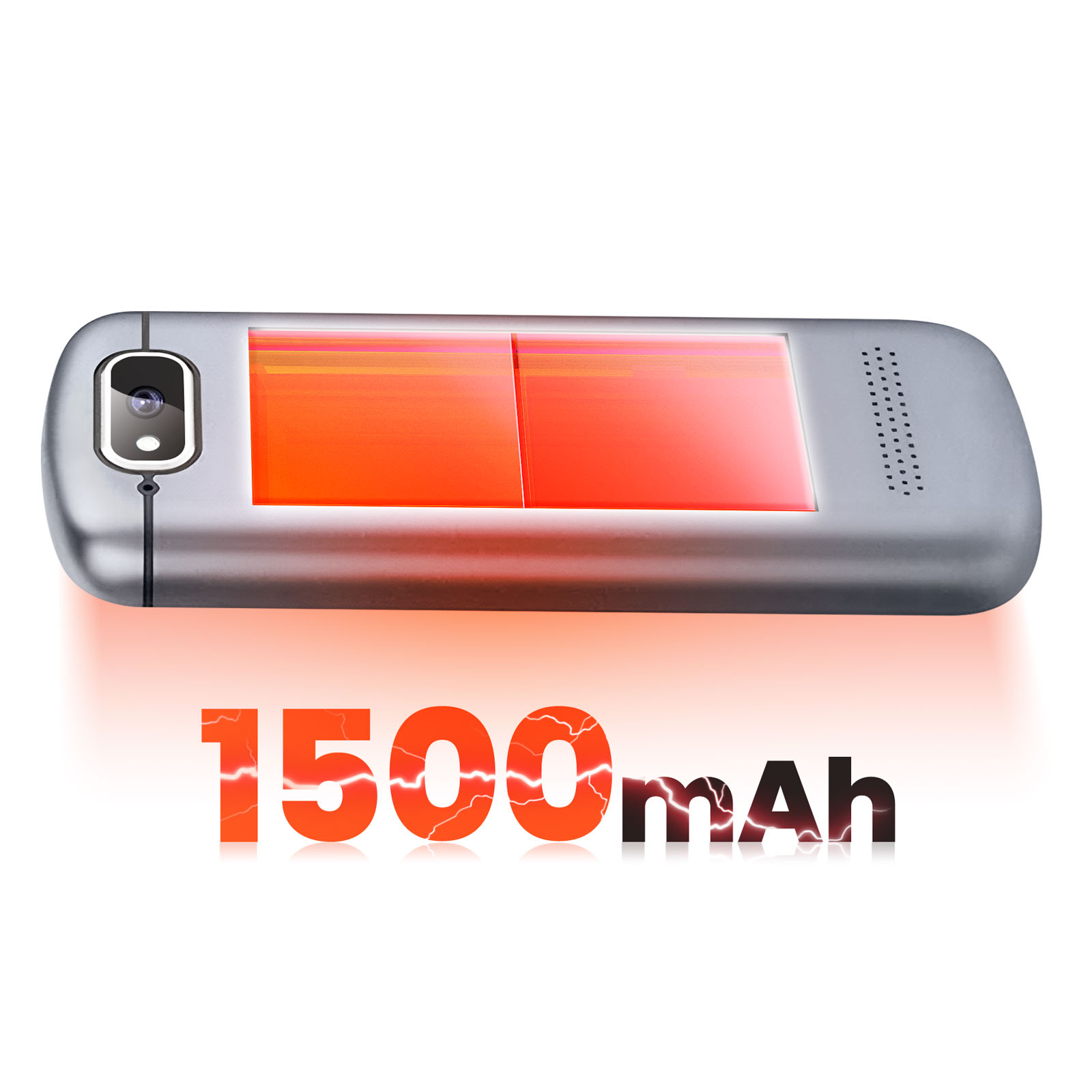 Eine silberne Dashcam mit Kamera, rotem Bild, und der Aufschrift 1500mAh.