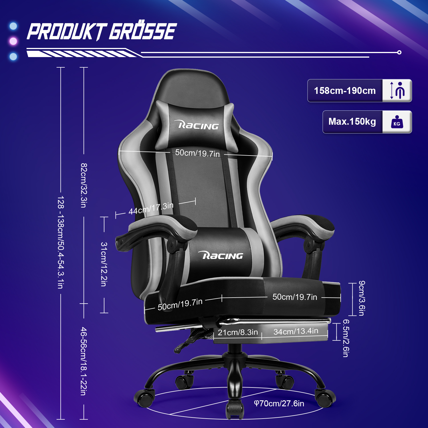 Gaming-Stuhl mit beschrifteten Abmessungen. Schwarz, grau und weiß. Max. Gewicht 150 kg.