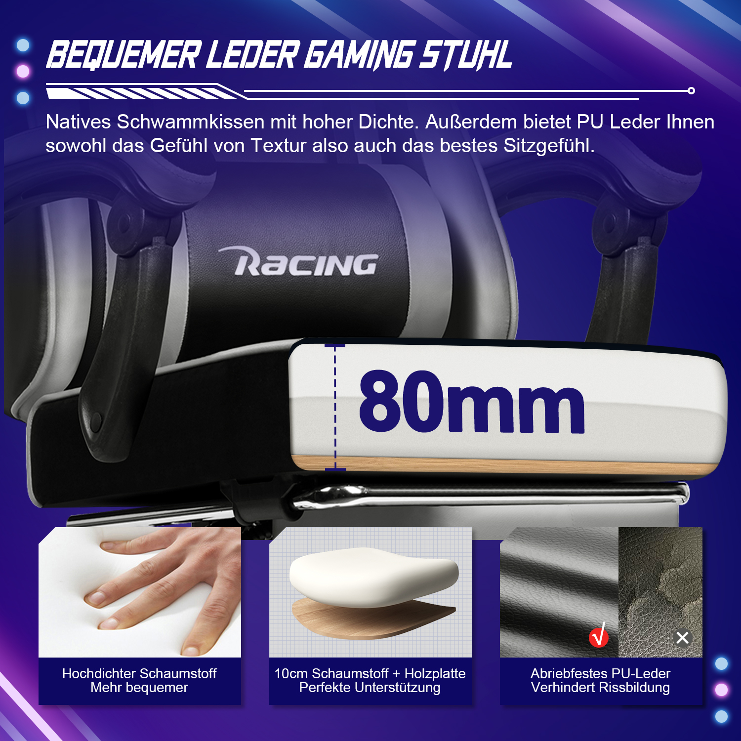 Ein Gaming-Stuhl, schwarz und weiß, mit Nahaufnahmen von Schaumstoff, Holz und Leder.