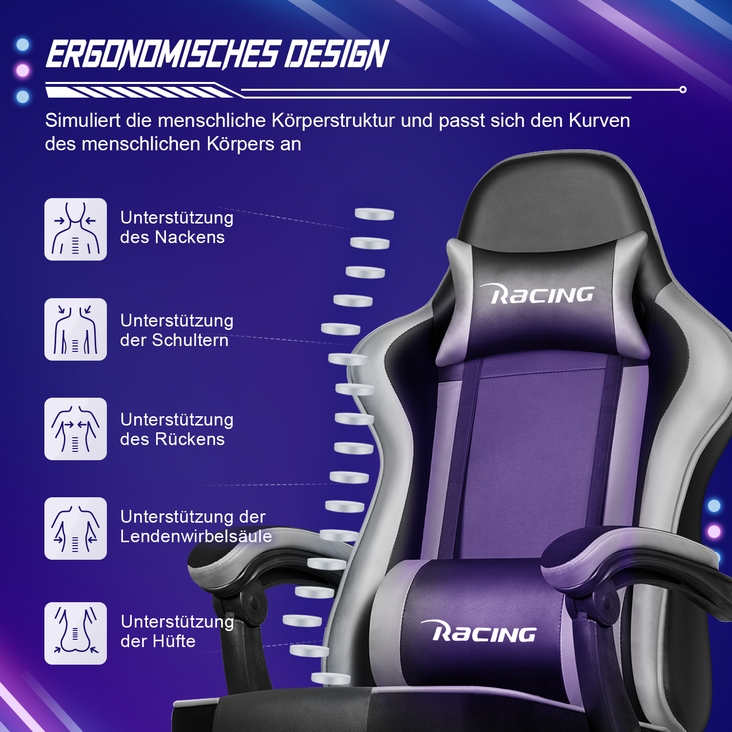 Gaming-Stuhl mit ergonomischem Design. Unterstützt Nacken, Schultern, Rücken, Lendenwirbel und Hüften.