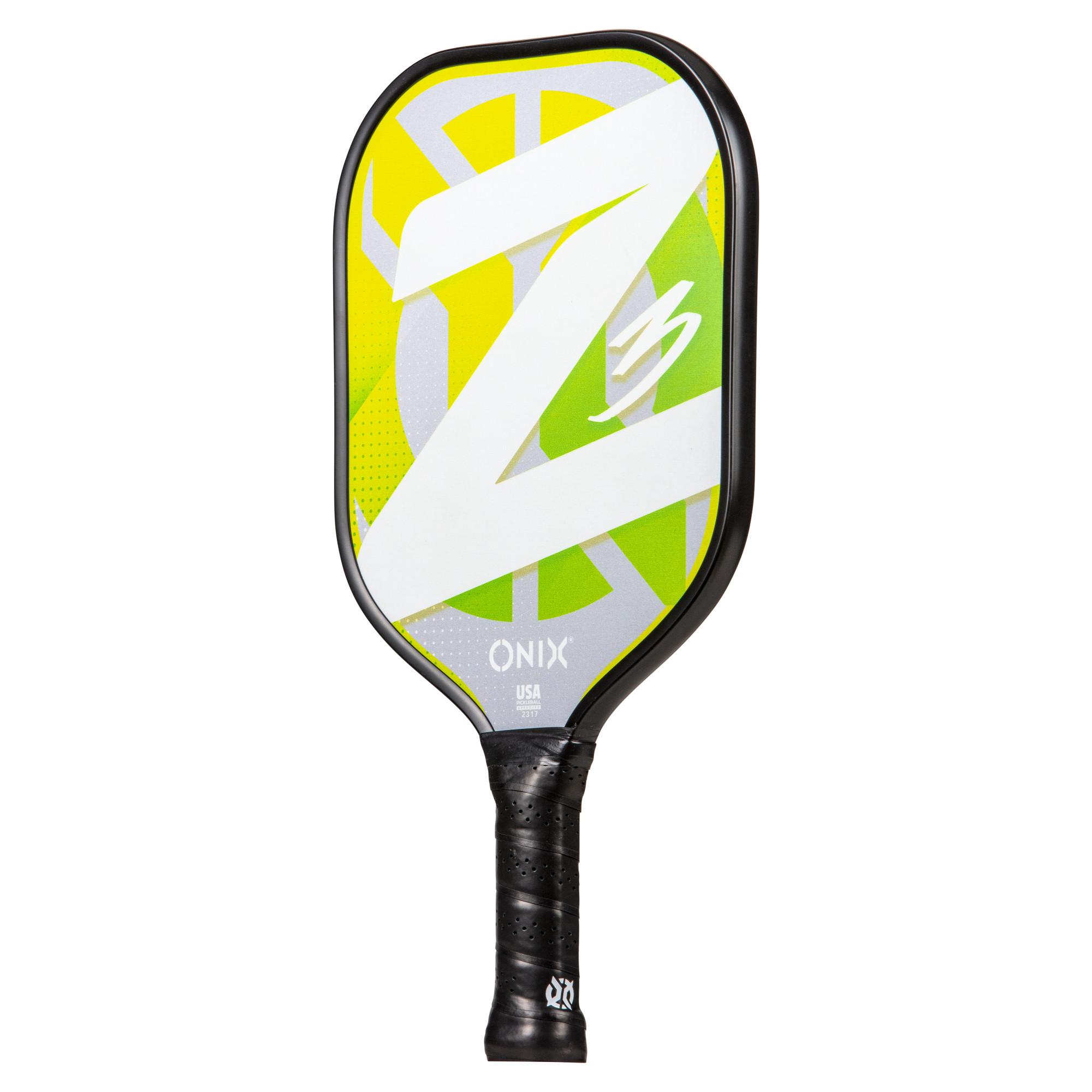 Ein Pickleball-Schläger mit einem weißen Z-Design auf gelb-grünem Hintergrund.