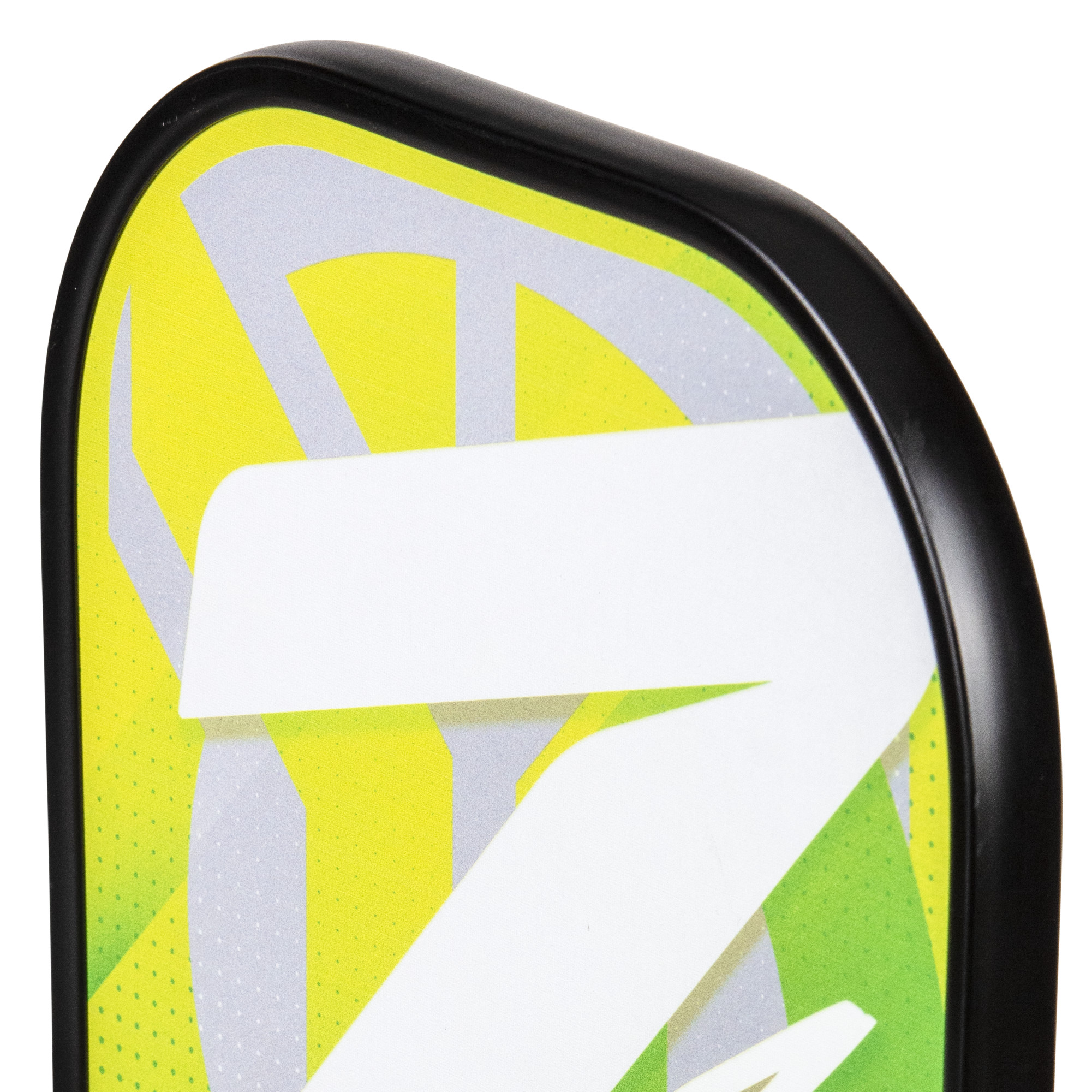 Nahaufnahme eines Pickleball-Schlägers, zeigt das 'Z'-Logo, weiß auf gelb-grünem Hintergrund, mit schwarzem Rand.