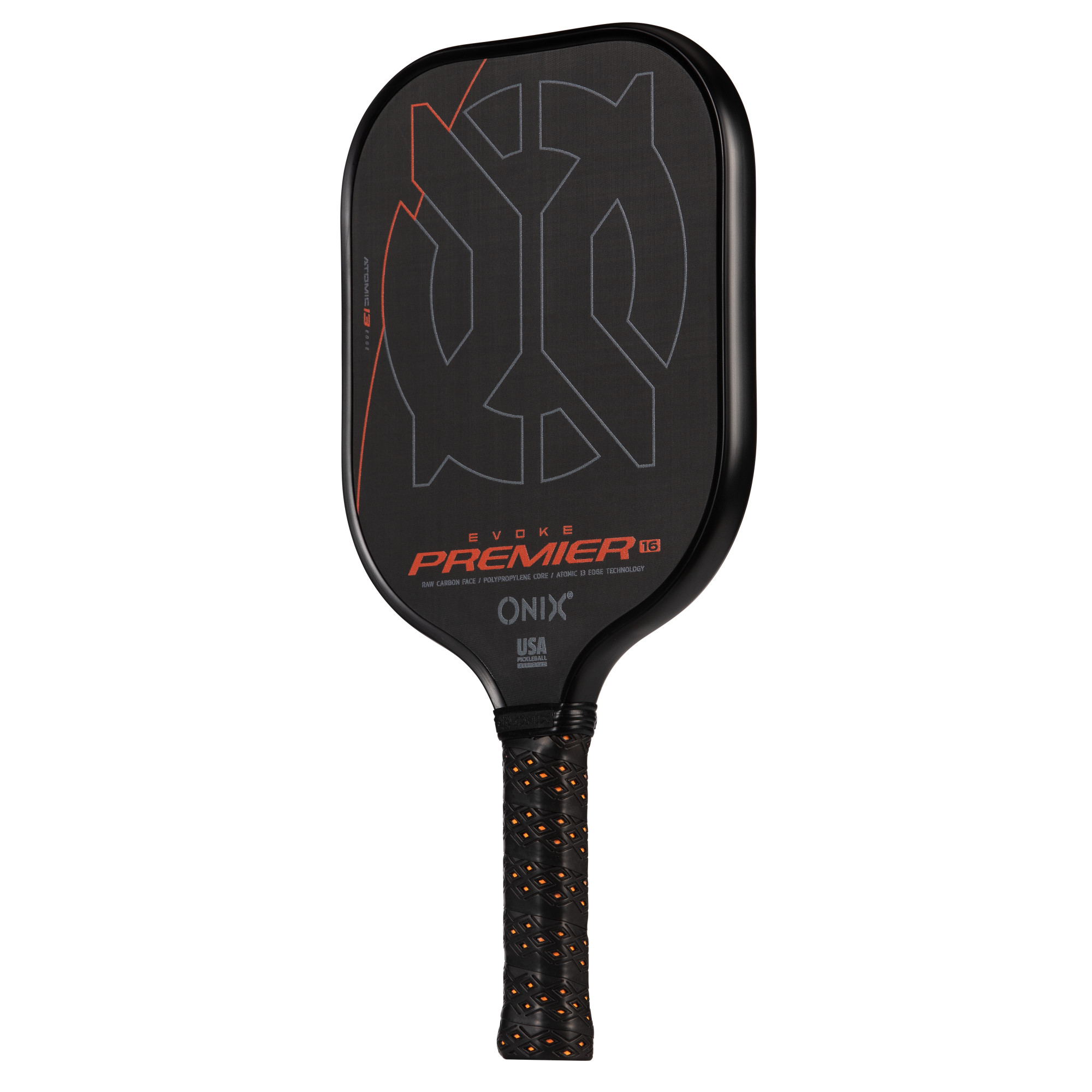 Schwarzer Pickleball-Schläger mit schwarzem Griff und Design auf der Schlagfläche.