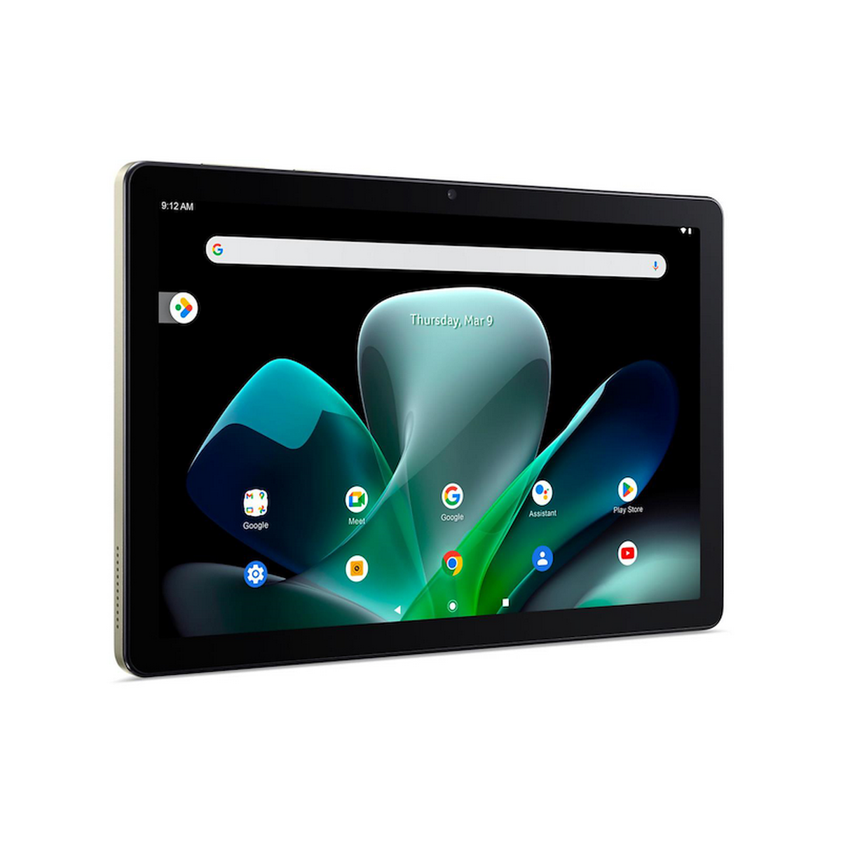 Tablet nero con cornice bianca. Lo schermo mostra un design astratto colorato e le icone delle app.