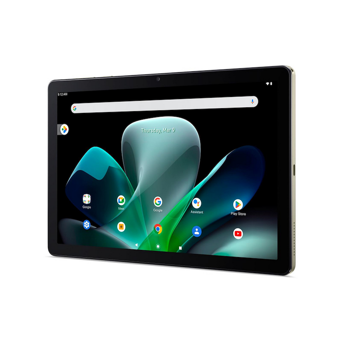 Un tablet viene visualizzato ad angolo, mostrando la schermata iniziale con varie icone di app e l'ora in alto a sinistra.