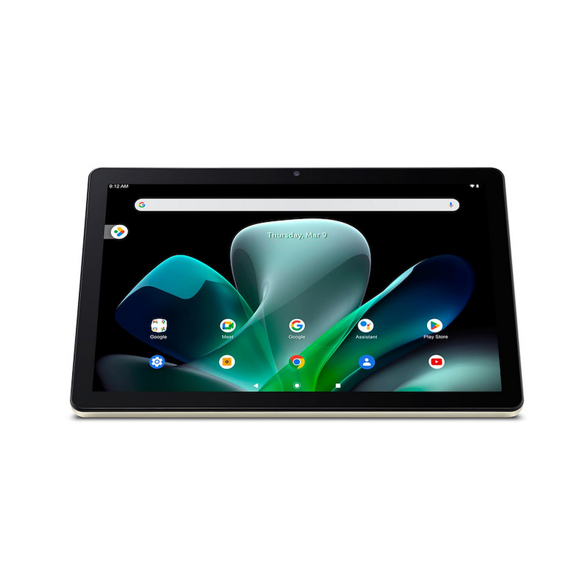 Tablet nero con cornice bianca che mostra un design astratto colorato. Lo schermo mostra le icone di Google e delle app.