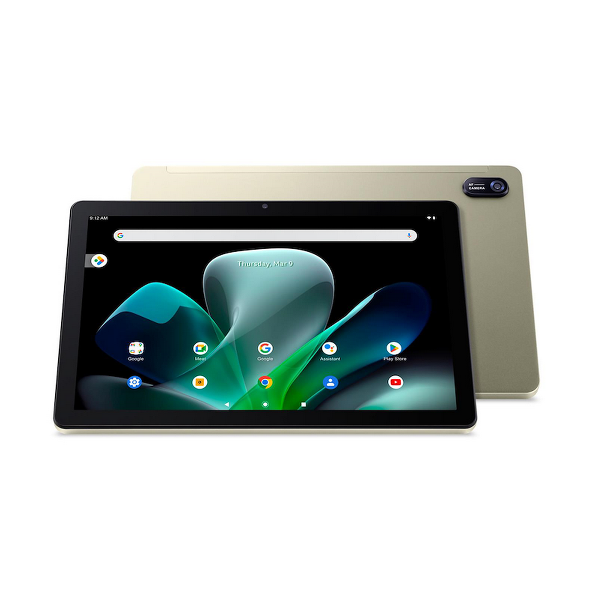 Due tablet, uno che mostra uno schermo con un design astratto e l'altro sullo sfondo, di colore beige.