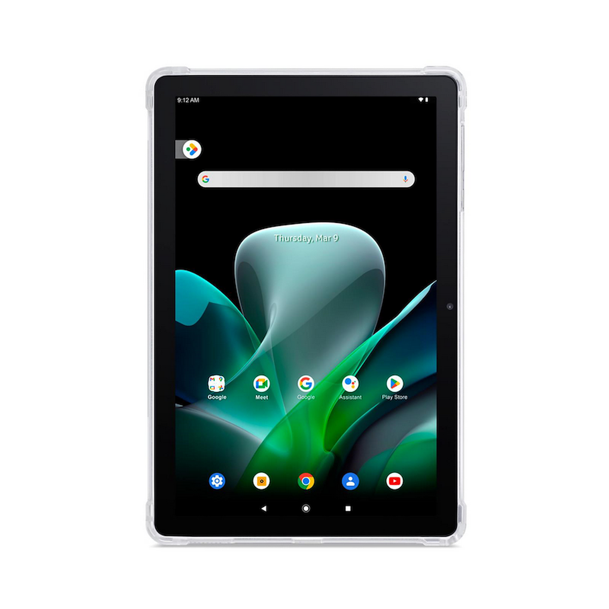 Un tablet con schermo nero, icone e custodia protettiva. Lo schermo mostra un design verde e bianco.