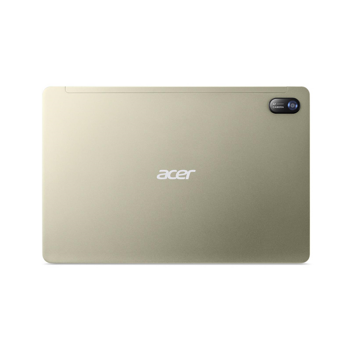 Il retro di un tablet beige con la scritta 'acer'. Il tablet ha una fotocamera in alto a destra.