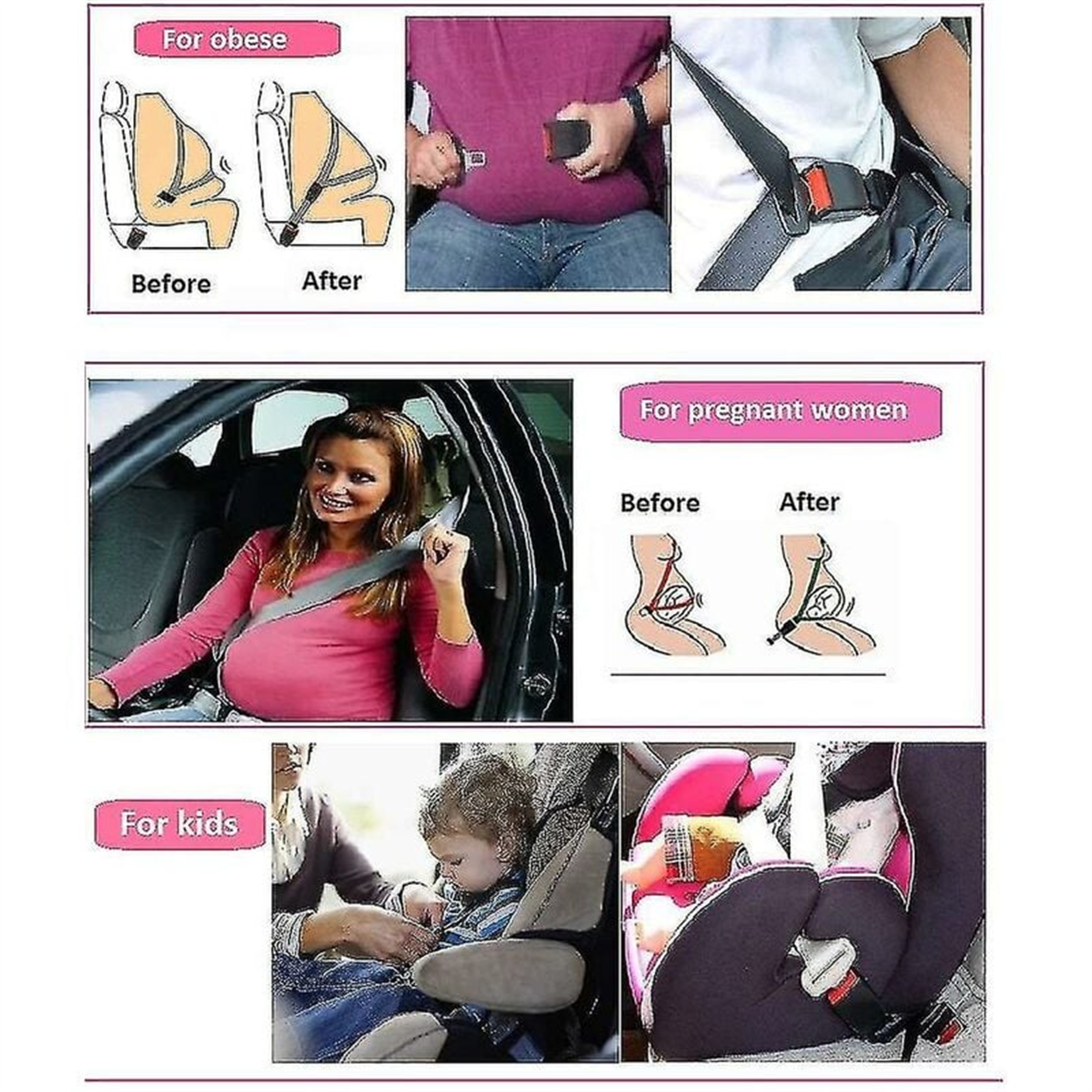 Bilder, die Sicherheitsgurtverlängerungen für übergewichtige und schwangere Frauen sowie einen Kindersitz mit Kind zeigen.