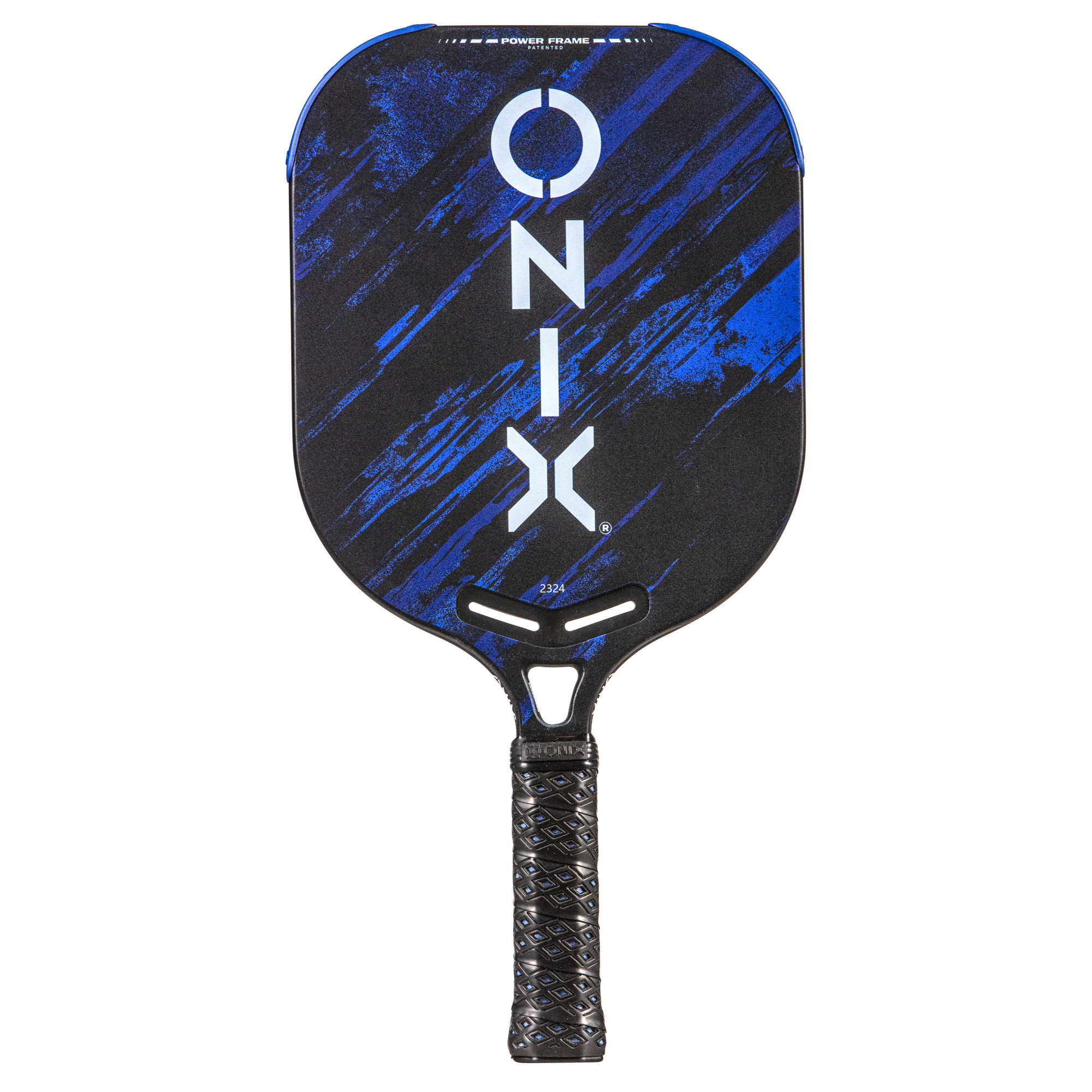Ein schwarzer und blauer ONIX Pickleball-Schläger. Er hat einen schwarzen Griff, eine blau-schwarze Oberfläche und weißen Text.