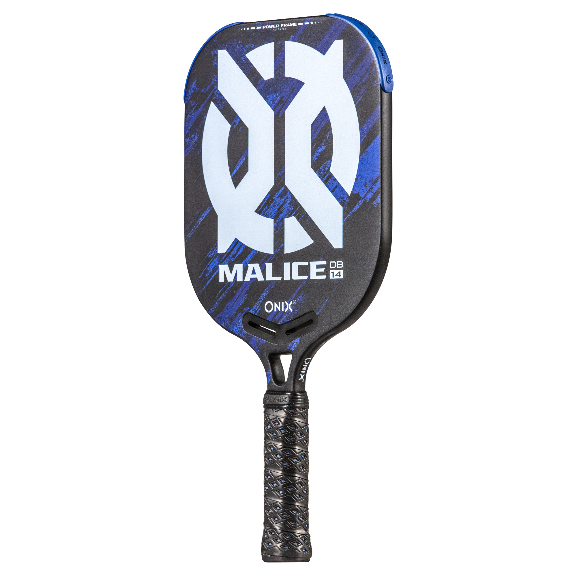 Schwarzer und blauer Pickleball-Schläger mit weißem Logo und Text. Der Griff ist schwarz mit Griff.