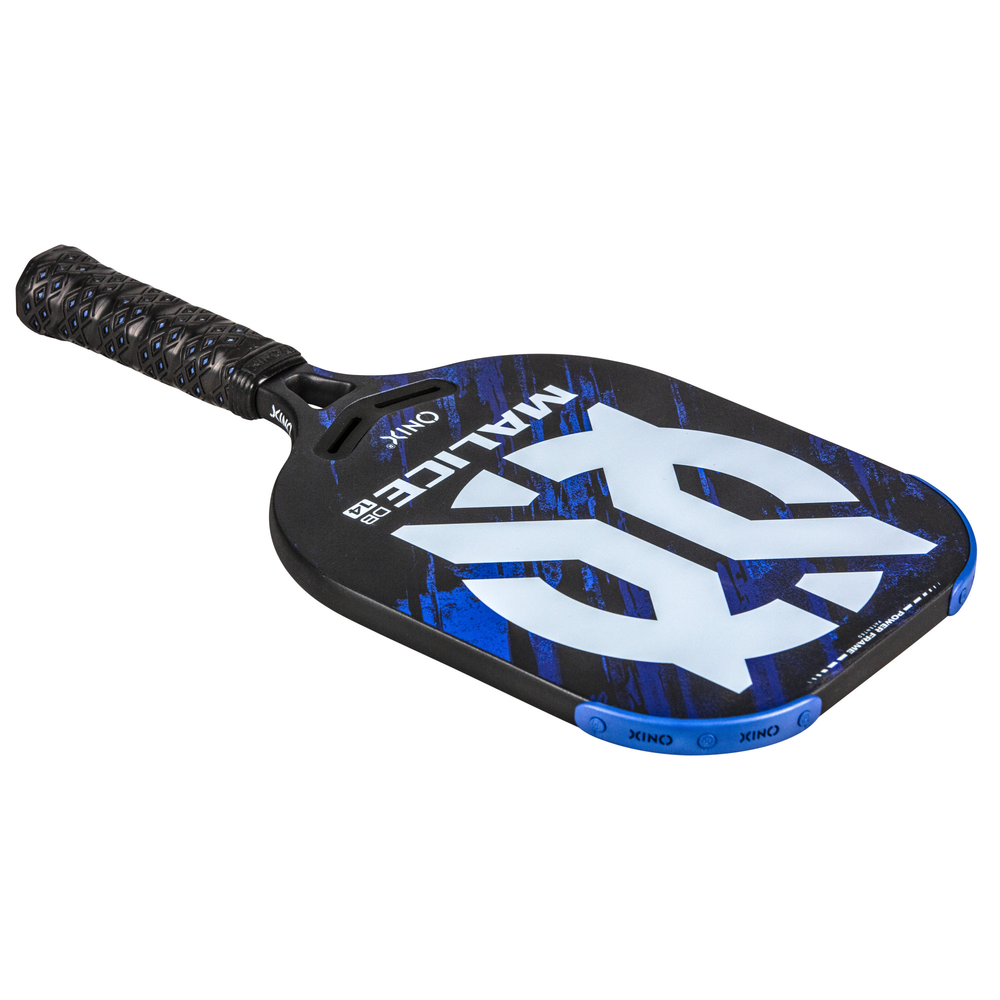 Schwarzer und blauer ONIX Pickleball-Schläger. Der Schläger hat das Wort MALICE in Weiß mit einem schwarzen Griff.