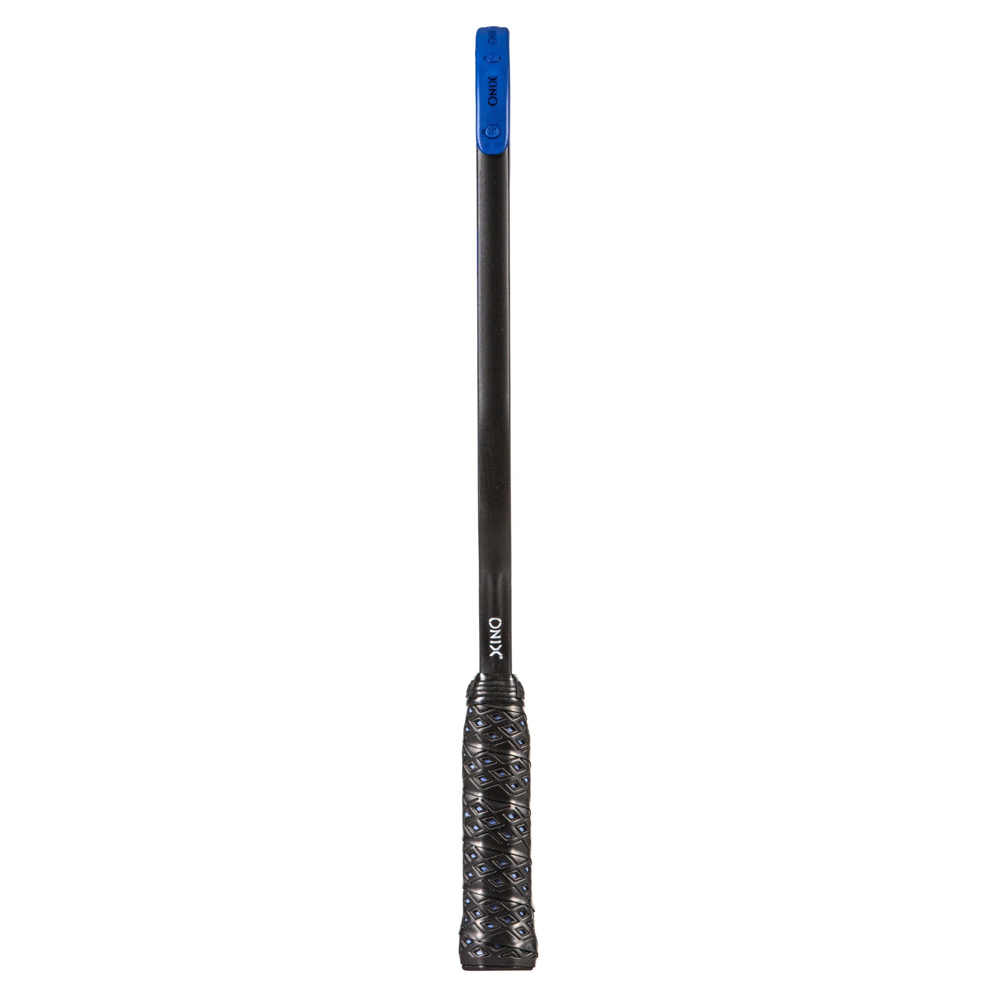 Ein langer schwarzer ONIX Paddelstock mit strukturiertem schwarz-blauem Griff und blauem Oberteil.