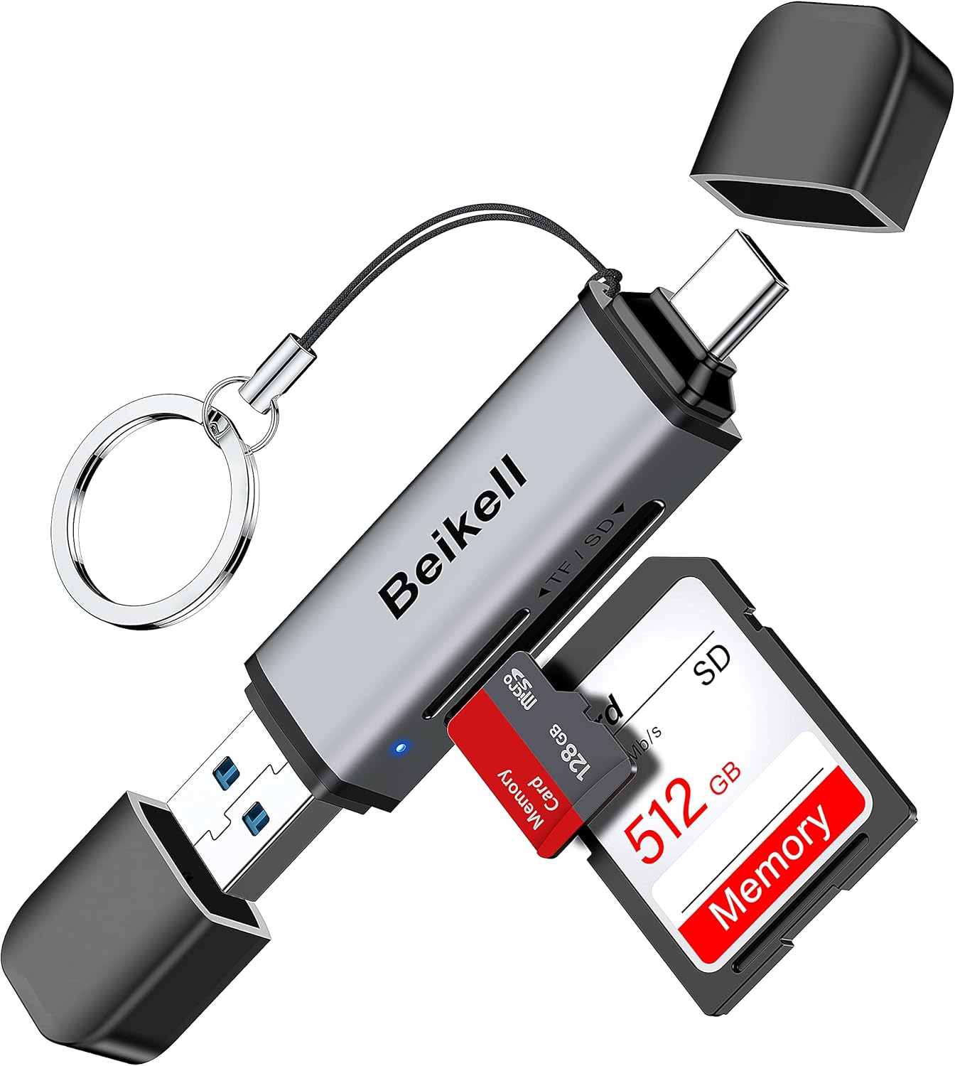 Lettore di schede argentato con tappi neri, porta USB e due schede di memoria inserite.
