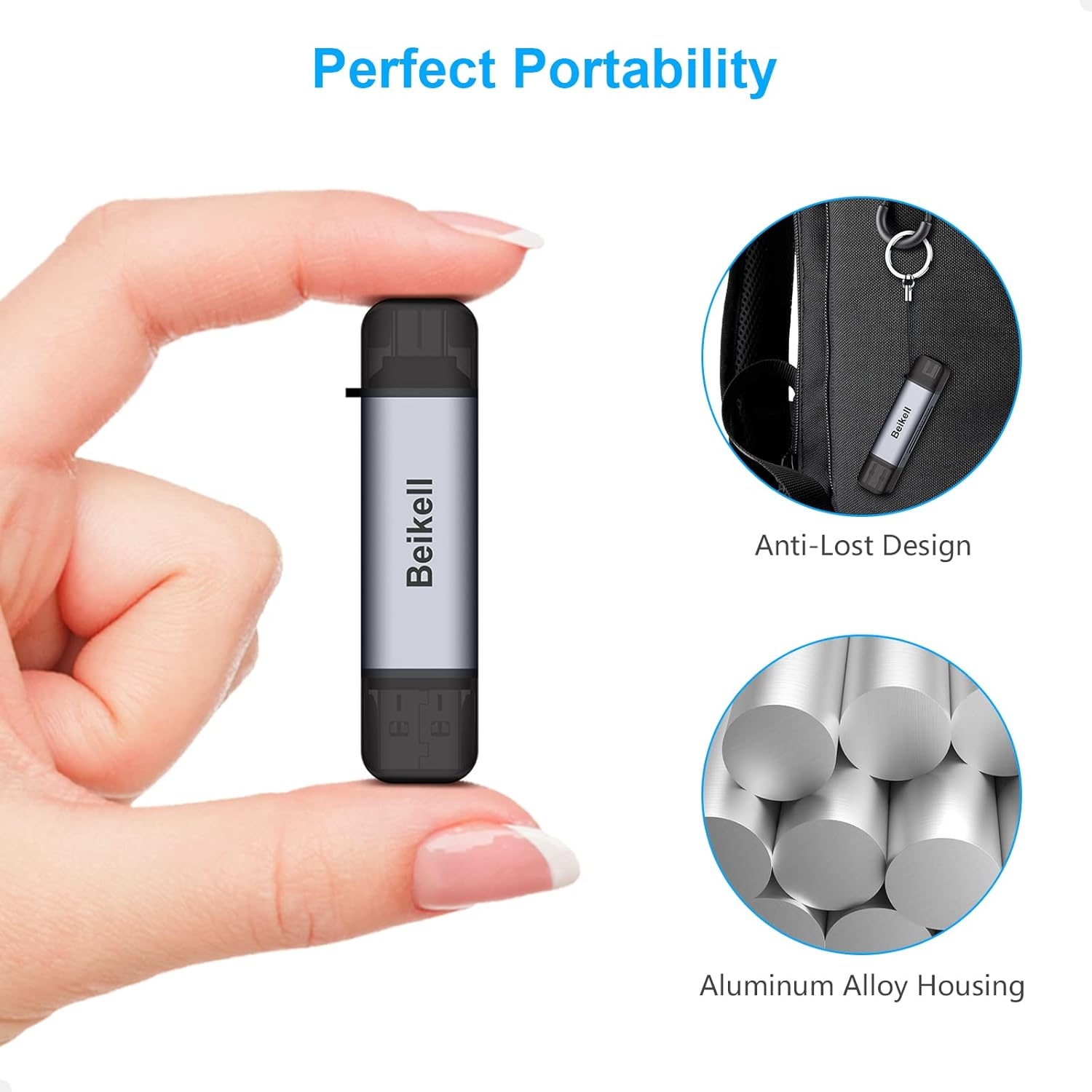 Un'unità USB argentata tenuta in mano. L'unità è piccola e ha un cappuccio nero. Il testo lo descrive.
