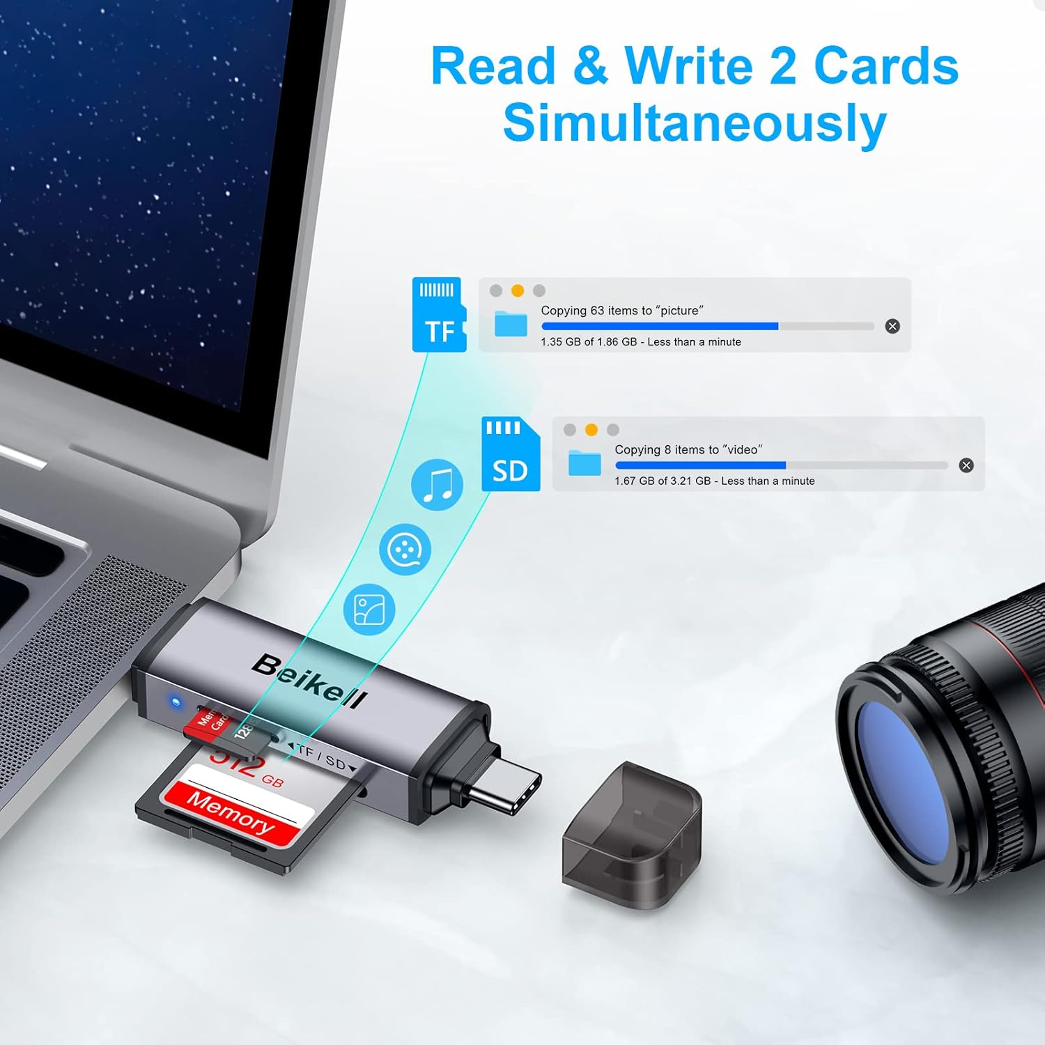 Un'unità USB è collegata a un laptop, che mostra l'avanzamento del trasferimento file da una scheda TF e SD.
