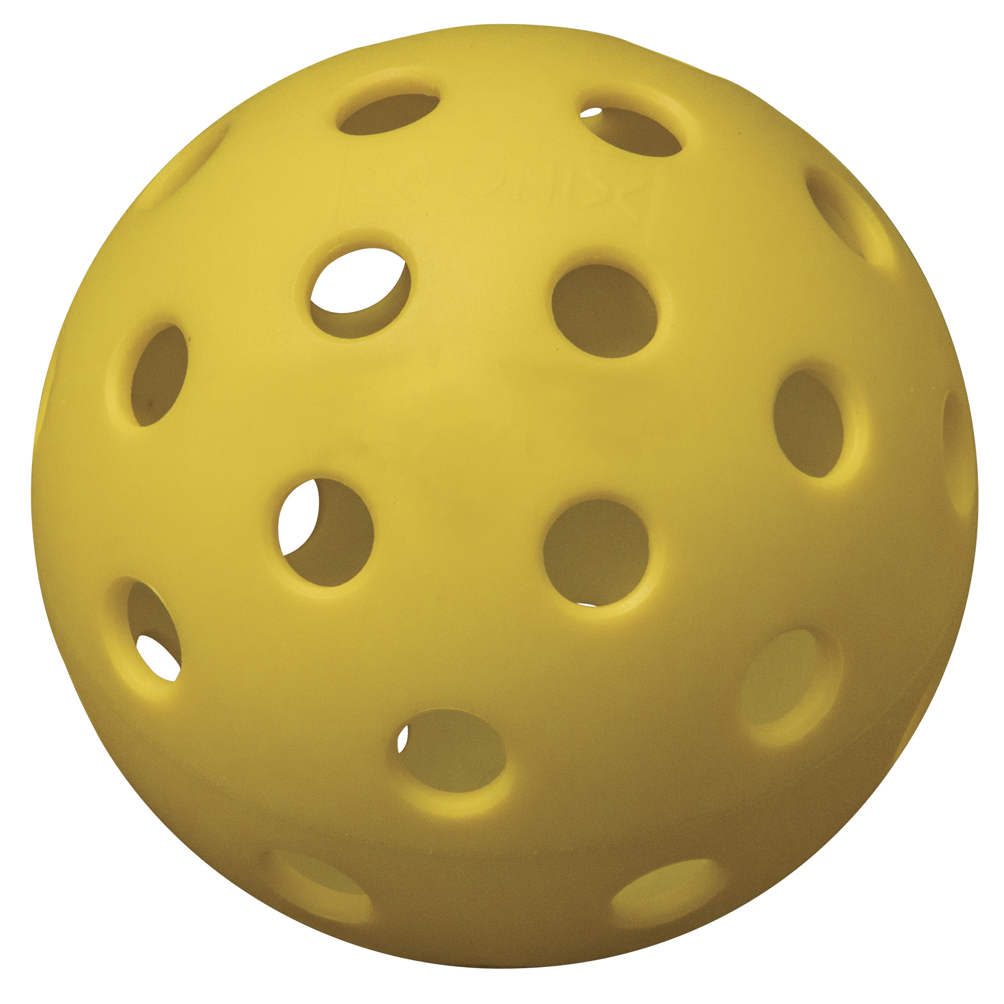 Pallina da pickleball gialla con fori, isolata su sfondo bianco.
