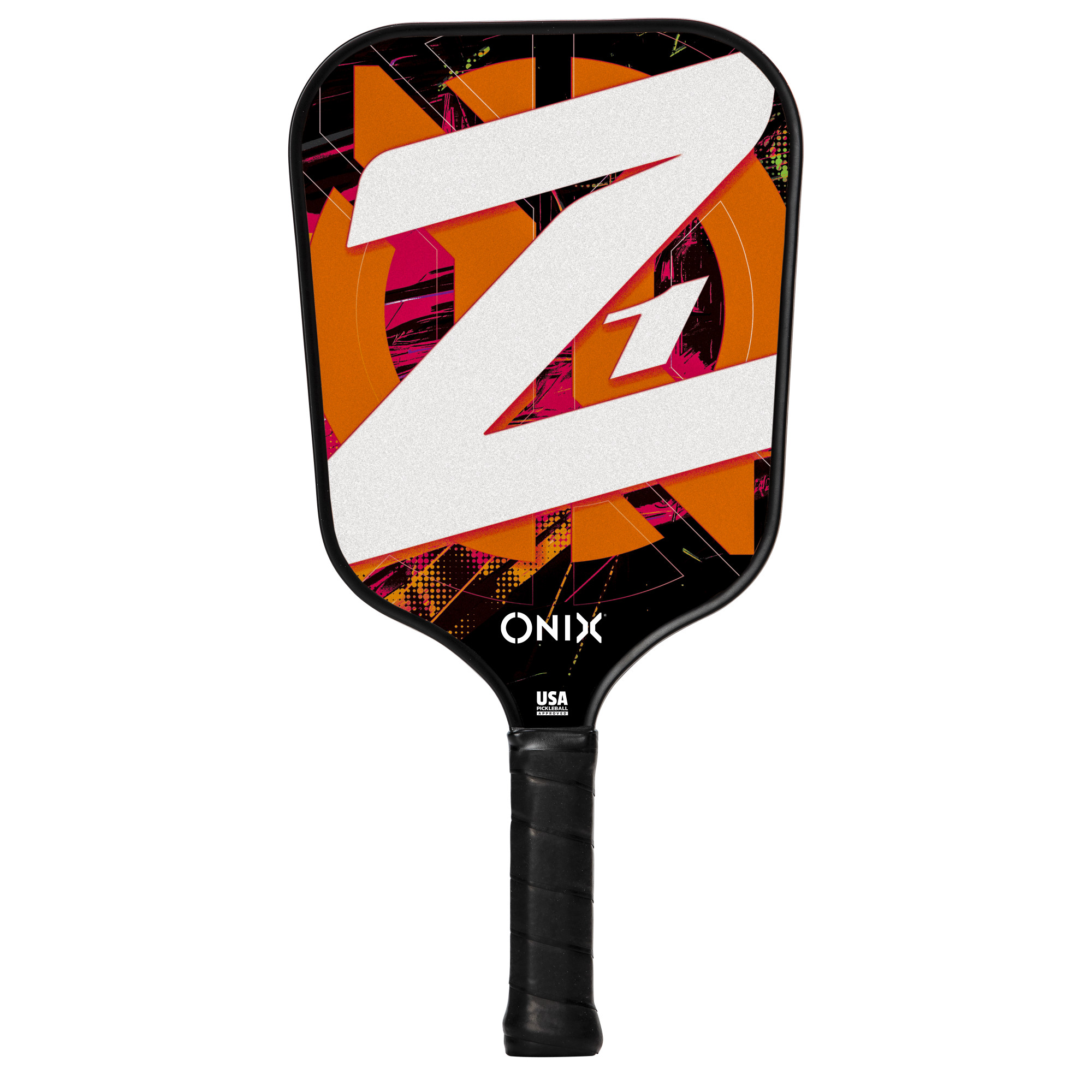 Una racchetta da pickleball con un design arancione e nero. L'impugnatura è nera.