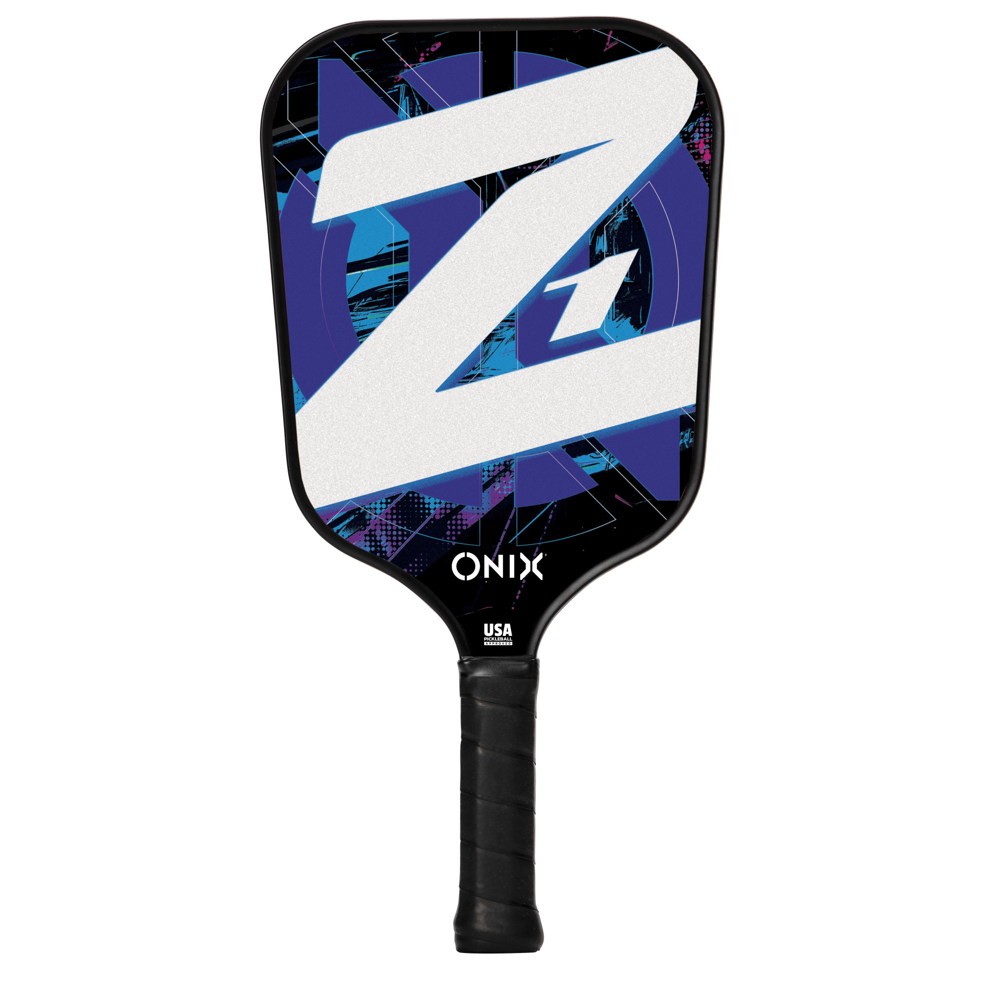 Una singola racchetta da pickleball con un design blu e nero. L'impugnatura è nera.
