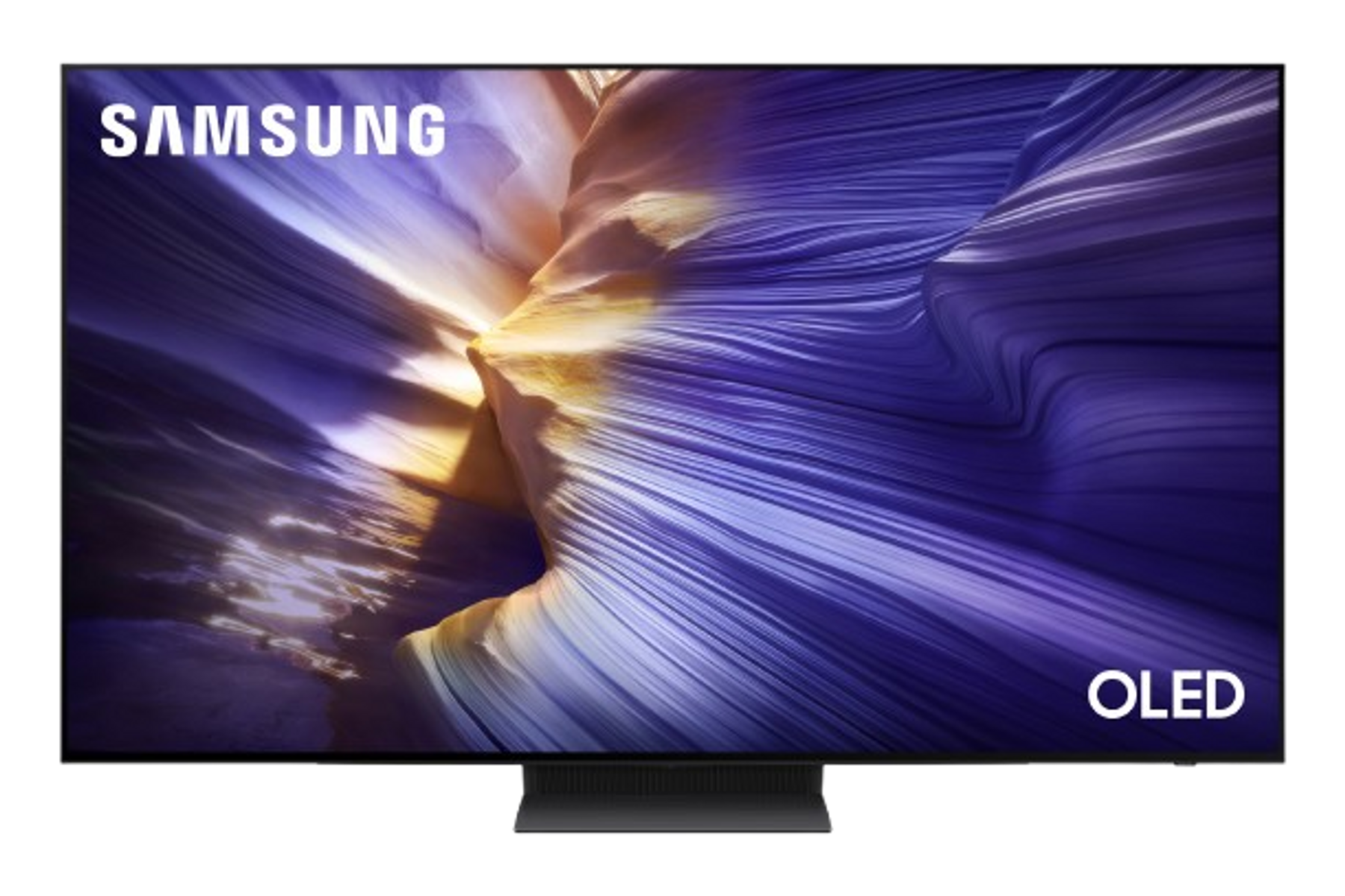 Telewizor Samsung OLED z kolorowym wyświetlaczem. Logo OLED jest widoczne. Czarna ramka, czarna podstawa.