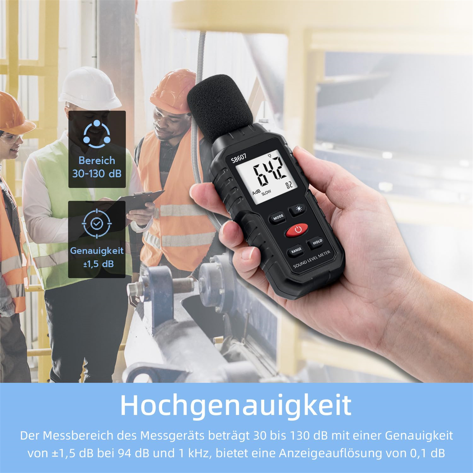 Bild mit einem Schallpegelmesser, mit visuellen Hilfsmitteln und Textbeschriftungen, vor weißem Hintergrund.