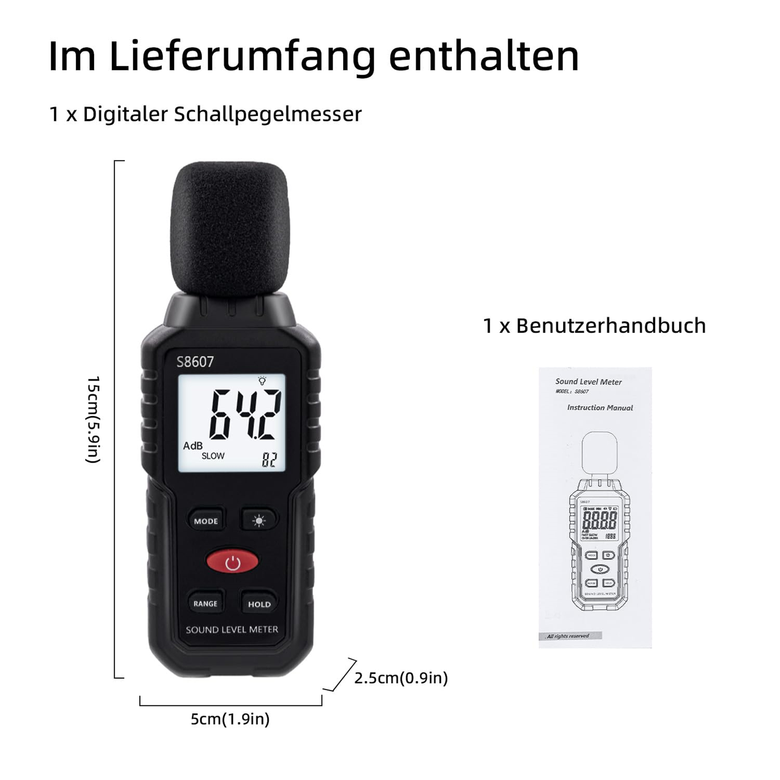 Ein Schallpegelmesser mit Anzeige zeigt 64,2 dB. Text oben sagt 'Im Lieferumfang enthalten'. Ein Handbuch ist gezeigt.