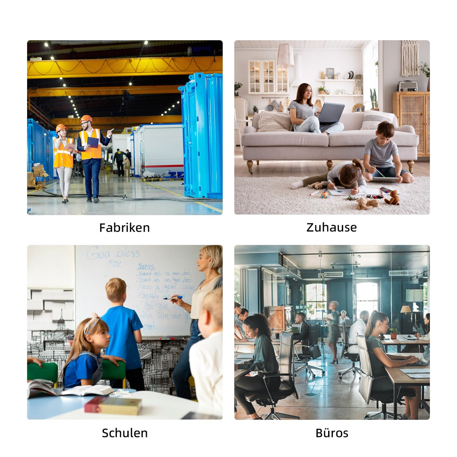 Vier Bilder, die verschiedene Umgebungen zeigen: Fabrik, Zuhause, Schule und Büro vor weißem Hintergrund.
