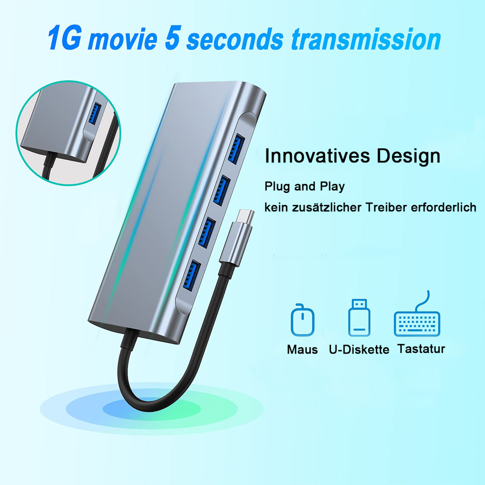 Un hub USB con più porte e dispositivi. Il testo dice plug and play. Icone di mouse, disco e tastiera.