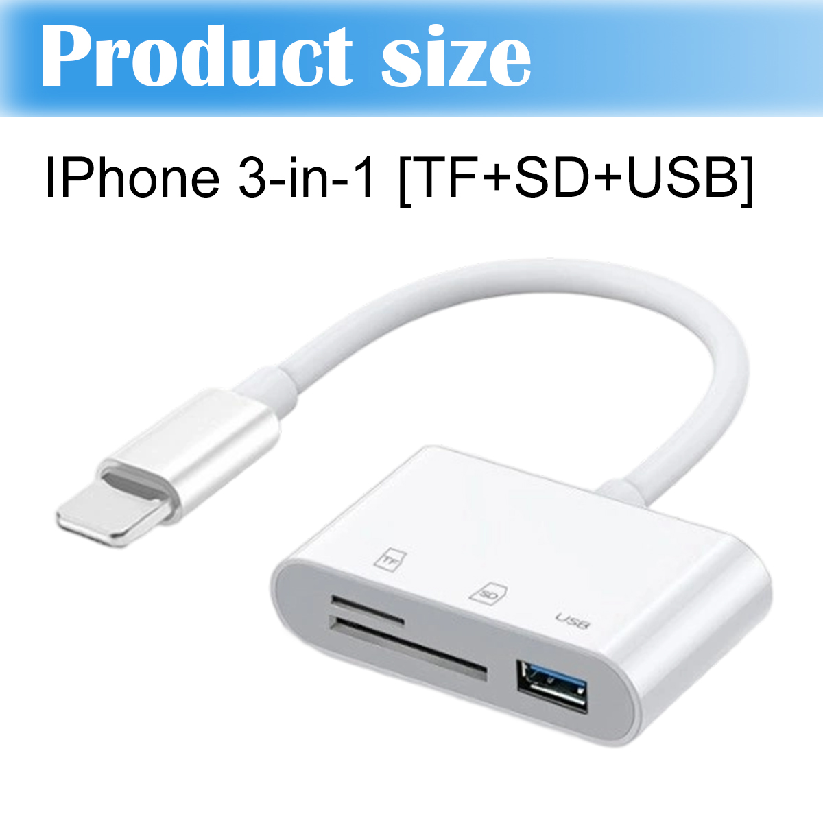 Adattatore bianco con interfaccia iPhone, USB, slot per schede TF e SD.