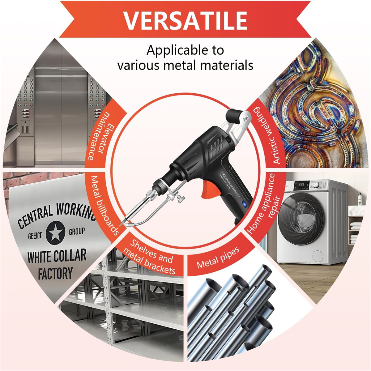 Ein Diagramm, das die Vielseitigkeit eines Lötkolbens mit verschiedenen Anwendungen wie Metallreparatur zeigt.