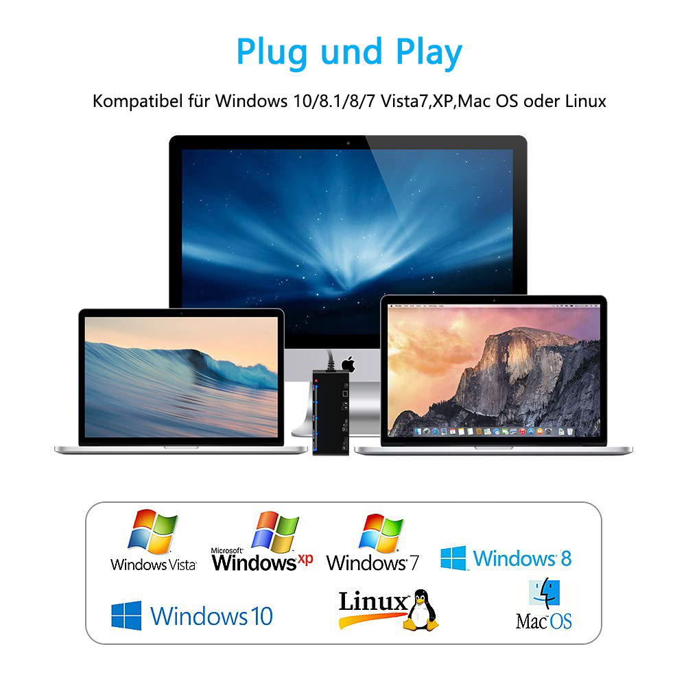 Ein Diagramm mit drei Laptops und einem Kartenleser, das die Kompatibilität mit Windows und MacOS bewirbt.