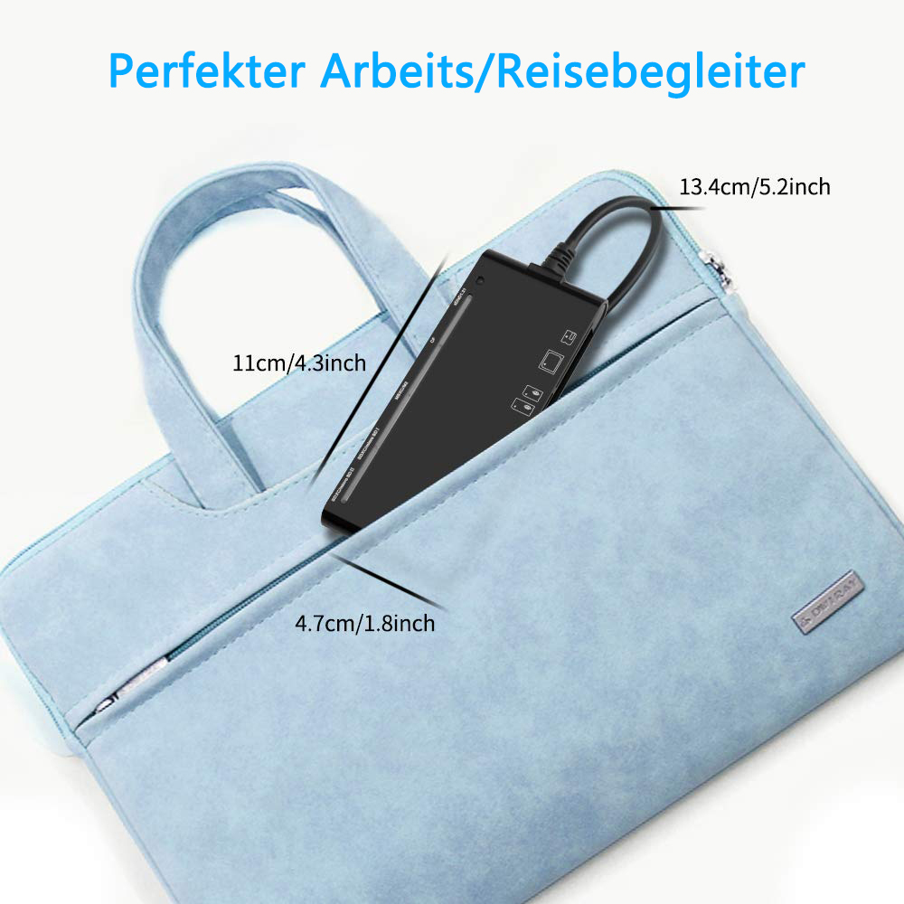 Schwarzer Kartenleser in einer hellblauen Tragetasche. Abmessungen sind angegeben.