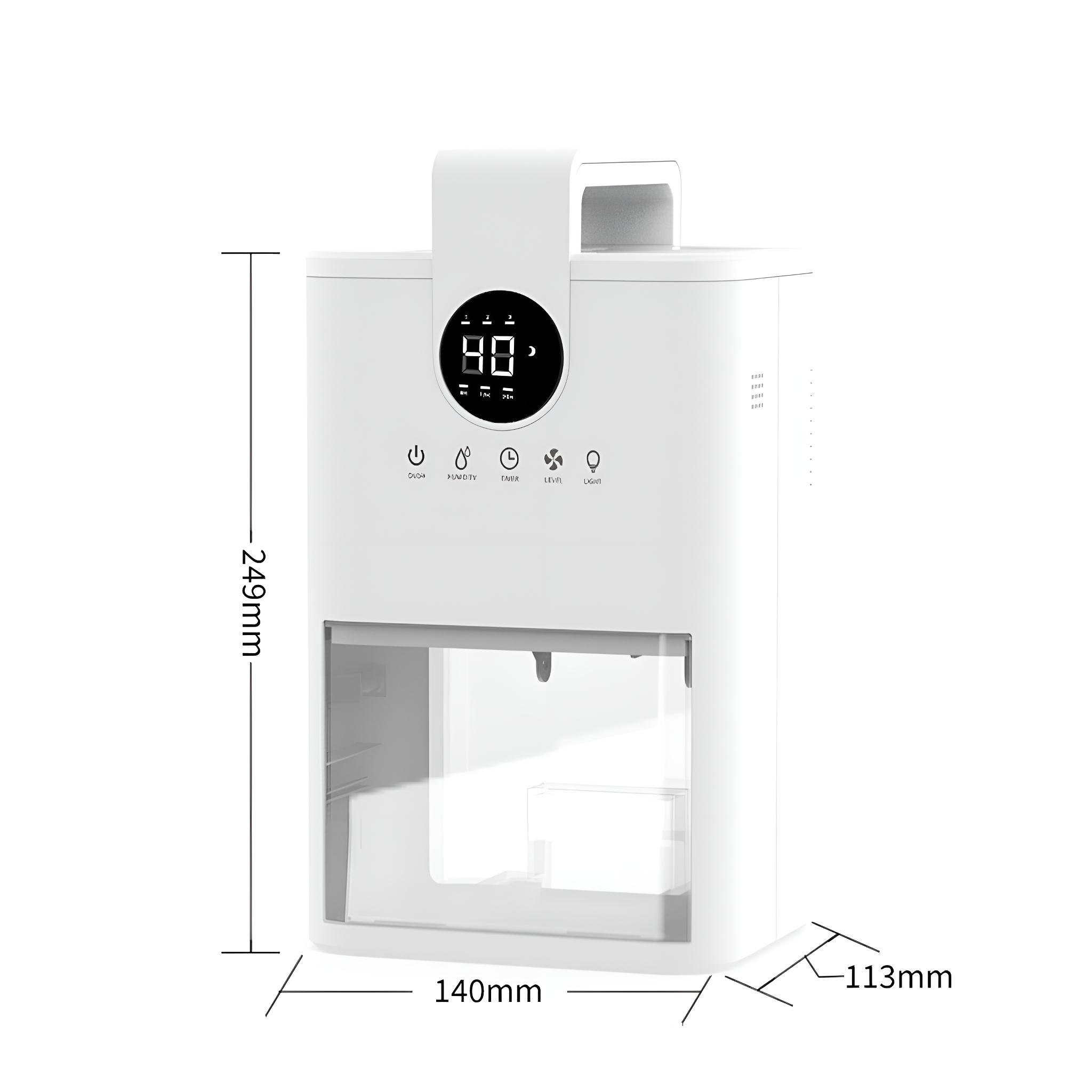 Weißer Luftbefeuchter mit Digitalanzeige '40'. Maße: 249mm, 140mm und 113mm.