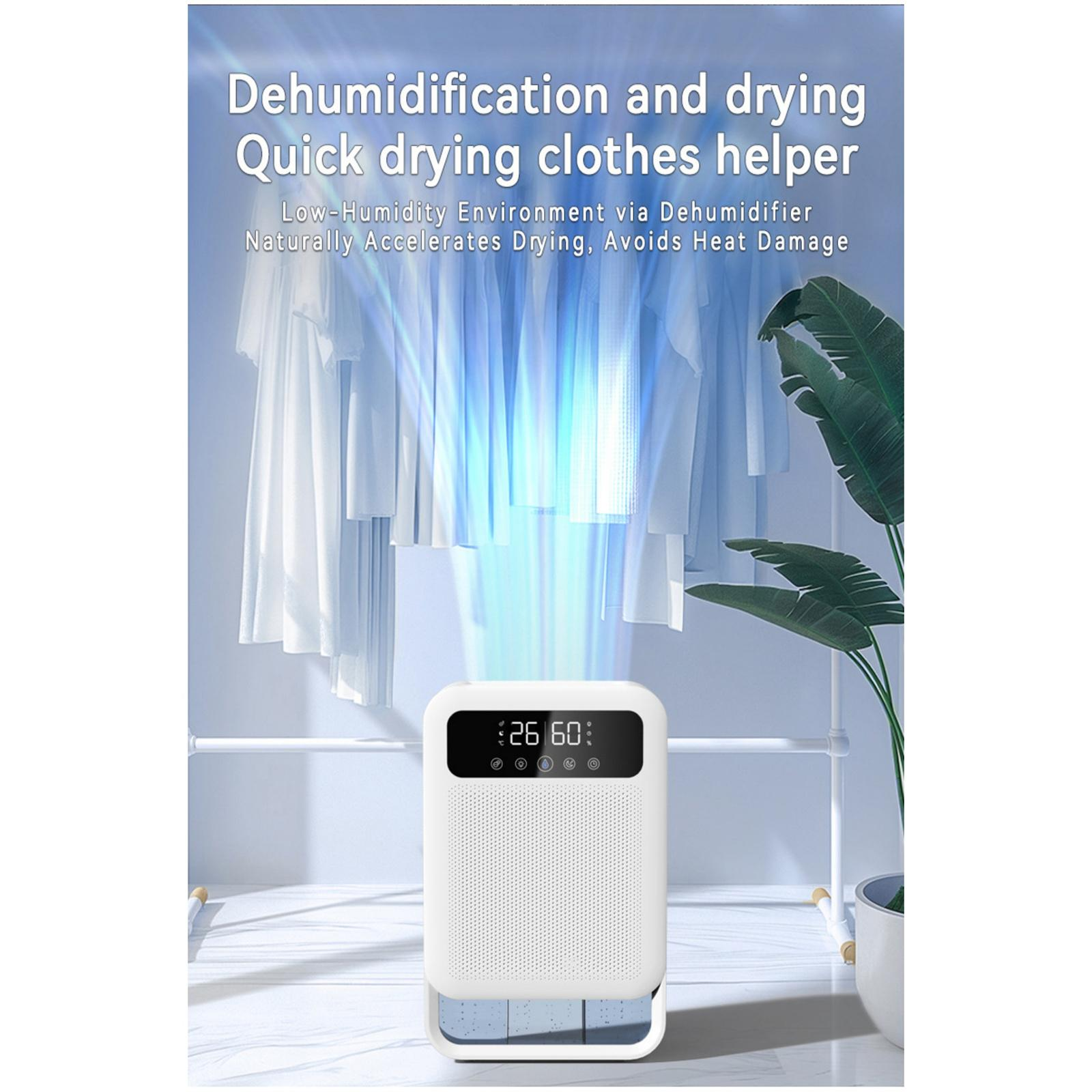 Ein weißer Luftentfeuchter mit Digitalanzeige und Text 'Dehumidification and drying'. Kleidung im Hintergrund.