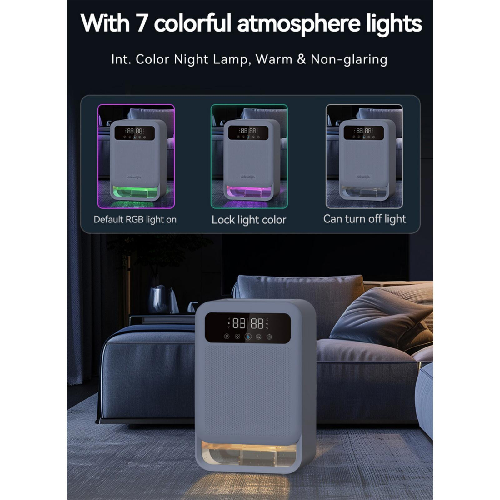 Ein grauer Luftreiniger mit 7 farbigen Atmosphärenlichtern. Drei Beispiele werden gezeigt.