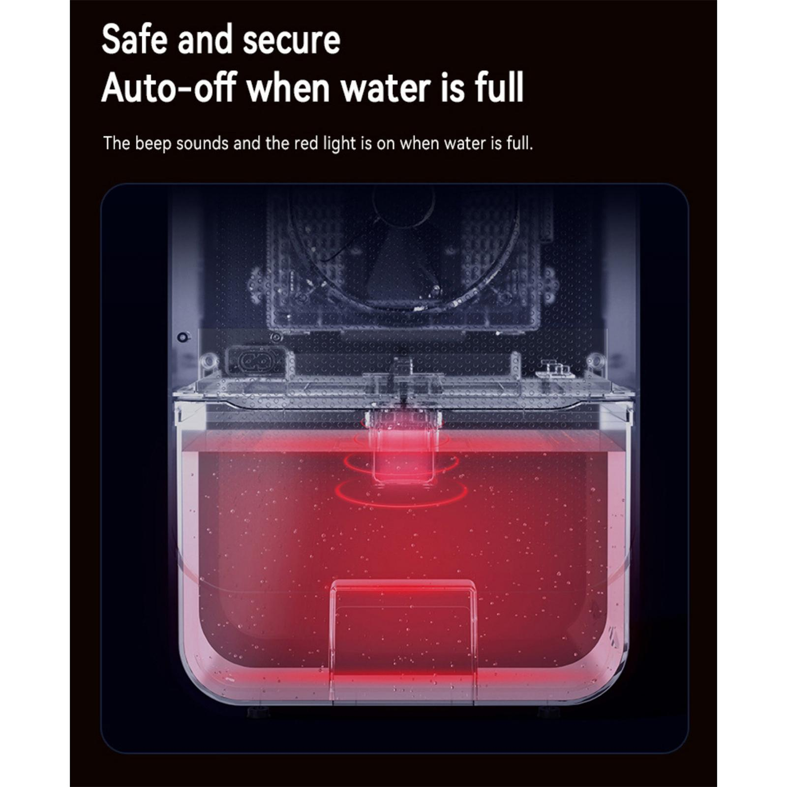 Inneres eines Luftbefeuchters mit rotem Wassertank. Der Wasserstand wird angezeigt. Text: voll.