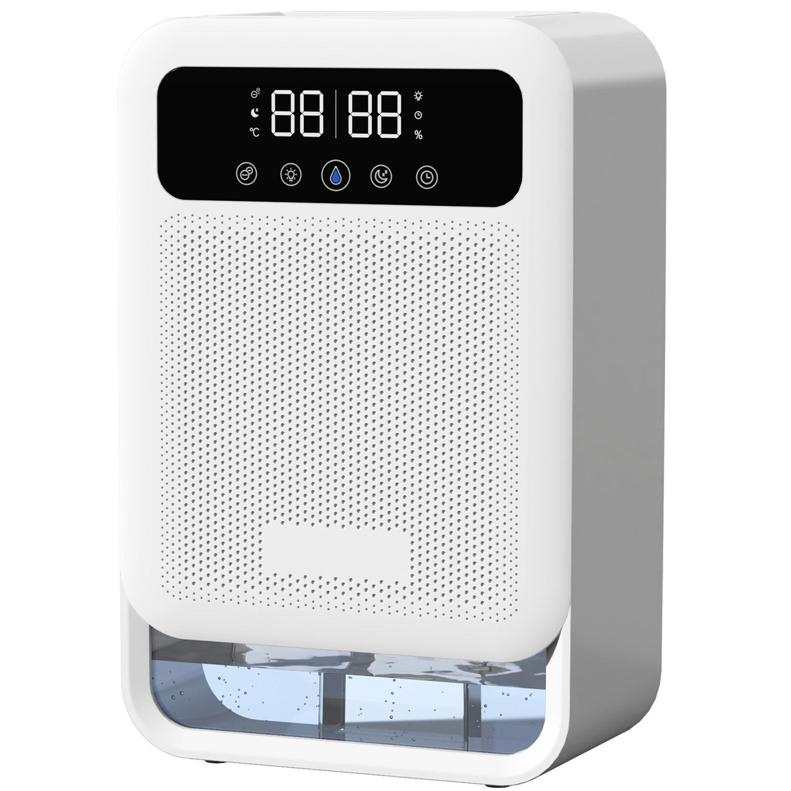 Weißer Luftbefeuchter mit Digitalanzeige 08:88. Verschiedene Symbole und ein Wassertank sind sichtbar.