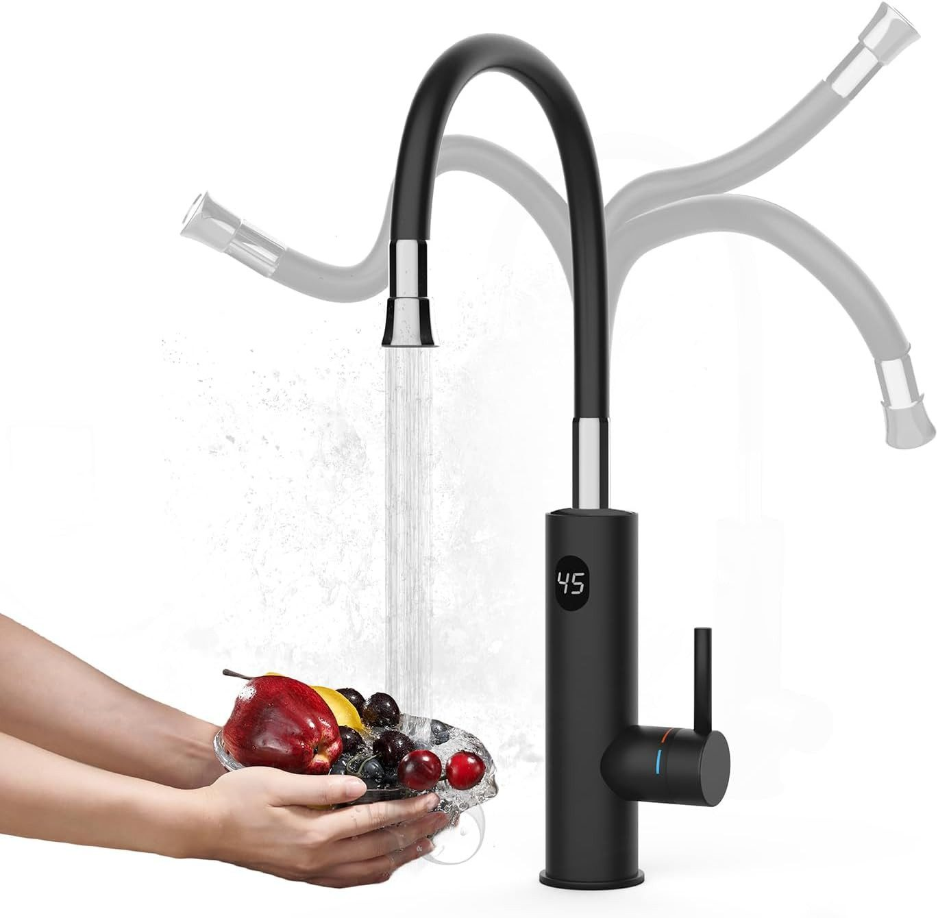 Schwarze Armatur mit Obstschale in Händen. Wasser fließt aus dem Wasserhahn. Temperatur ist 45.