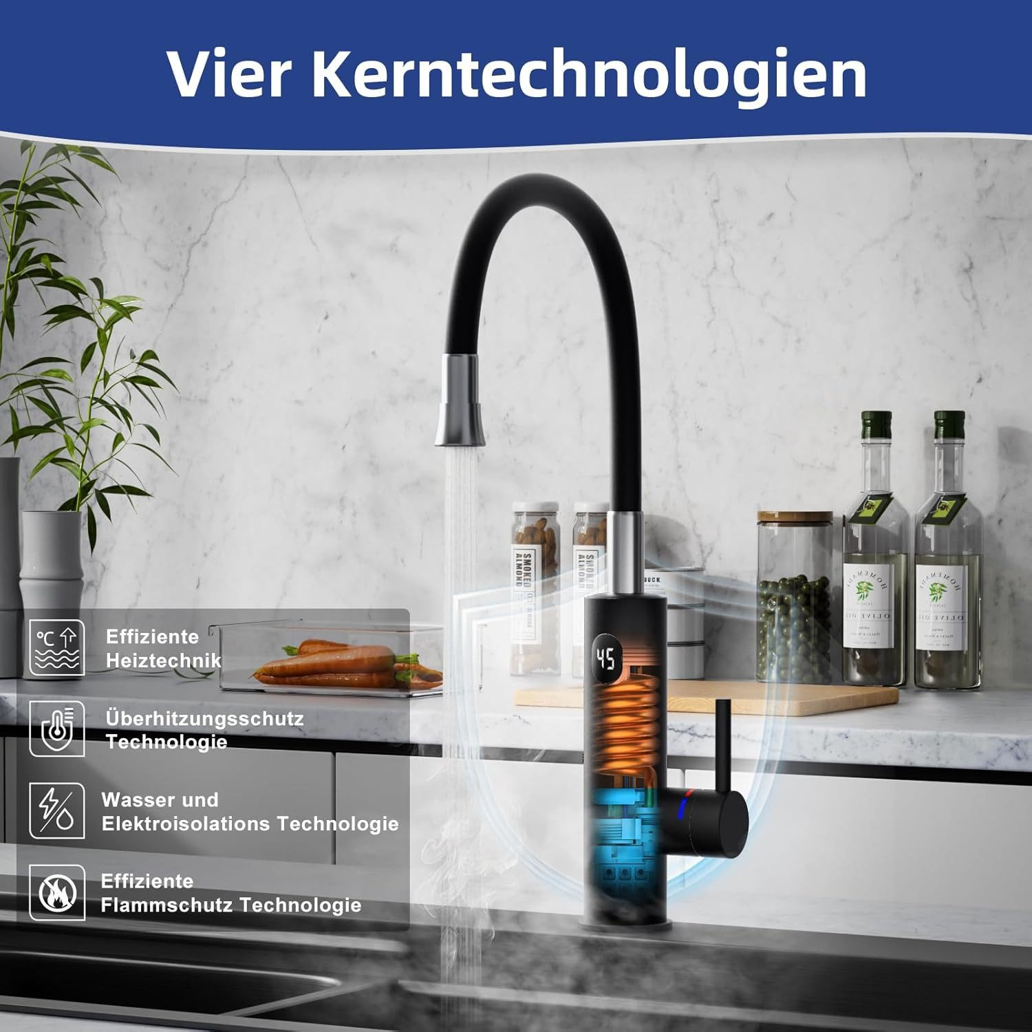 Schwarzer Wasserhahn mit vier Kerntechnologien: effiziente Heizung, Überhitzungsschutz, effizienter Brandschutz.
