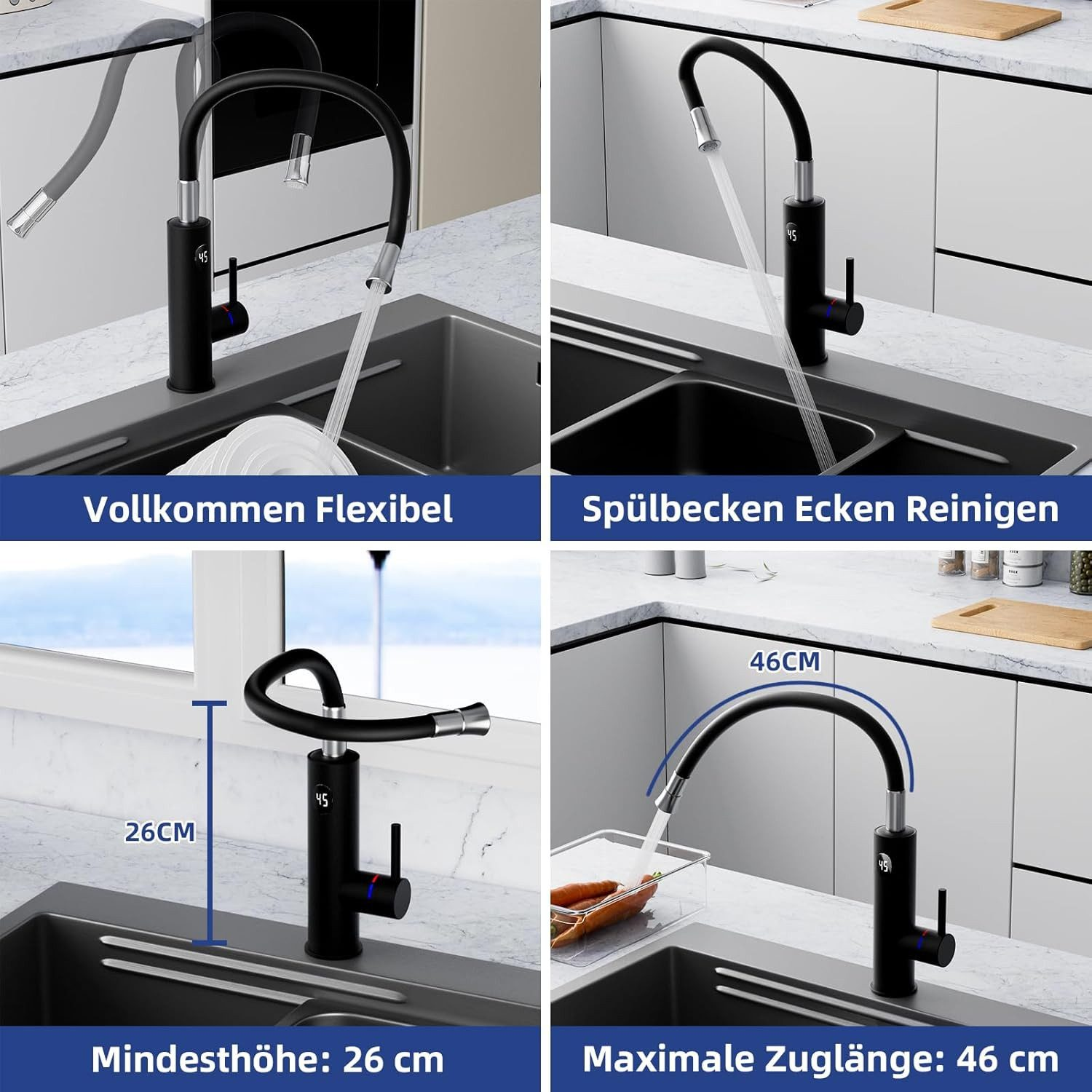 Serie von Bildern eines schwarzen Küchenwasserhahns mit flexiblem Auslauf. Abmessungen und Anwendungen gezeigt.