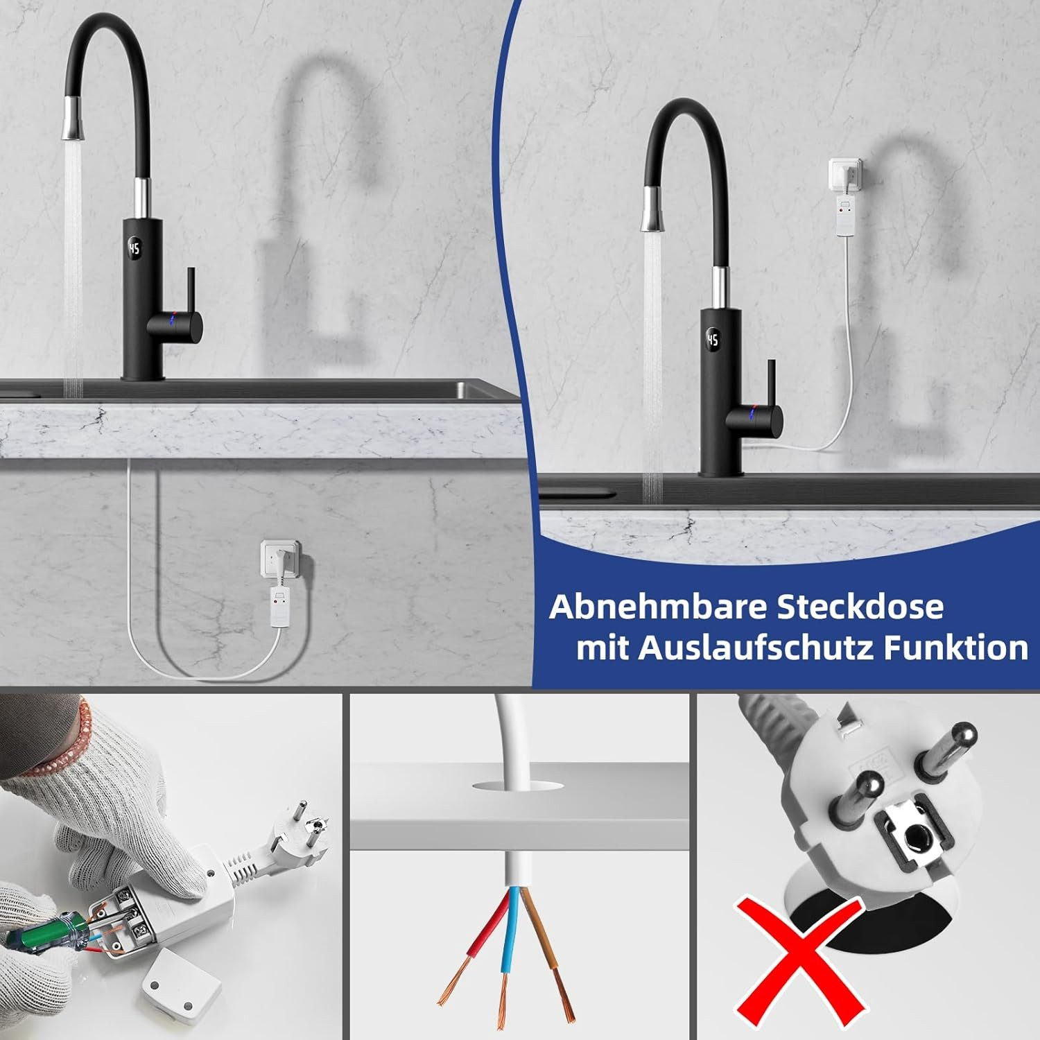 Schwarzer Wasserhahn mit abnehmbarer Steckdose und Wasserauslaufschutz. Verschiedene Installationsschritte gezeigt.