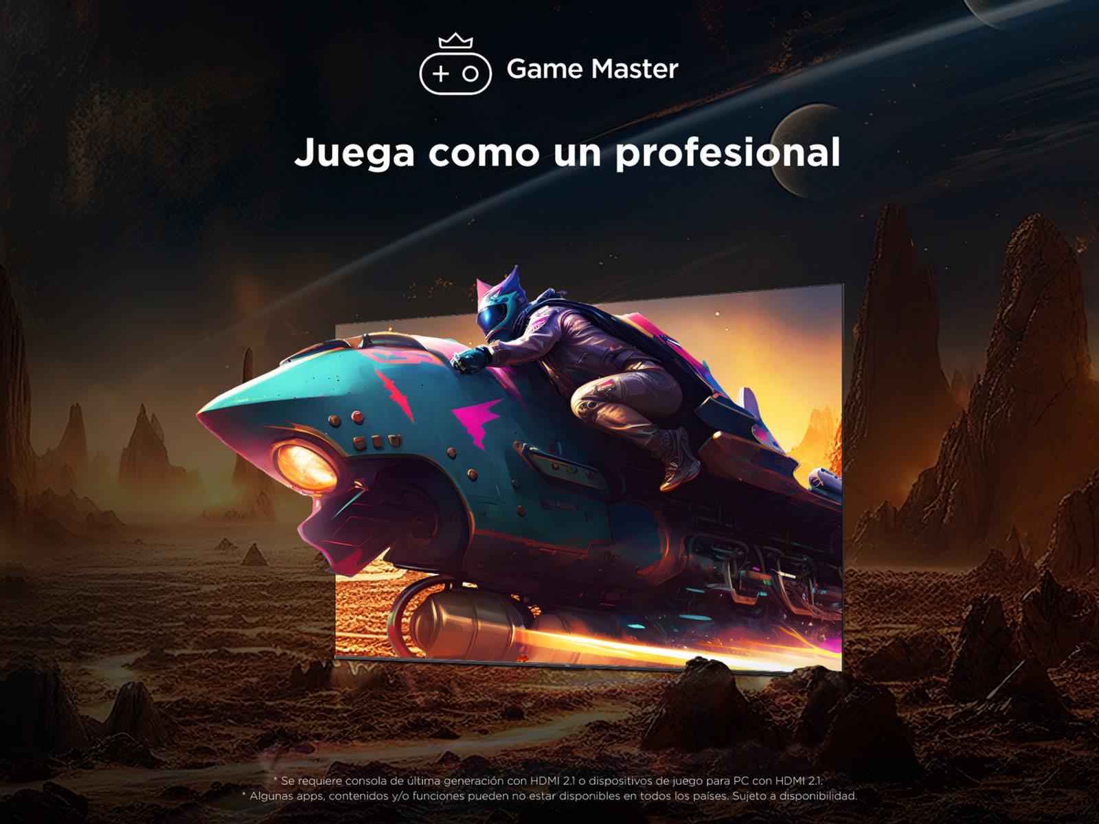 Obraz przedstawiający gracza na futurystycznym pojeździe na ekranie telewizora, promujący funkcję Game Master.