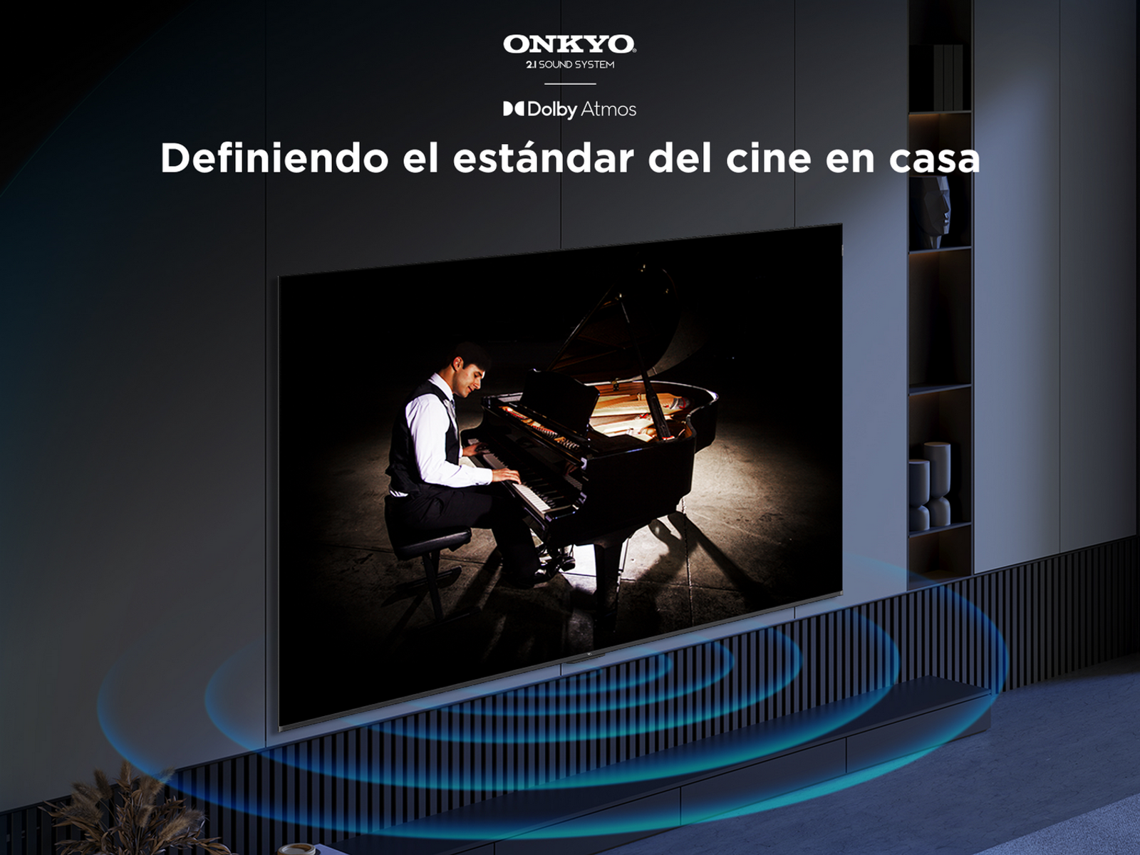 Telewizor pokazujący mężczyznę grającego na fortepianie, z falami dźwiękowymi wychodzącymi z dołu ekranu.