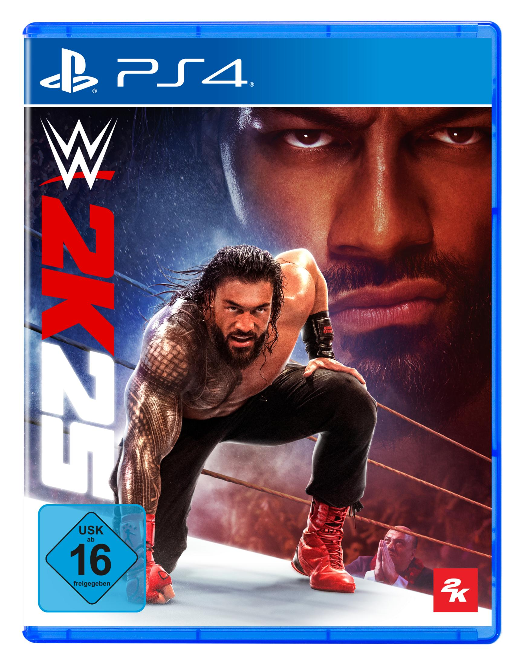 Pudełko z grą wideo WWE 2K23 na PS4. Przedstawia zapaśnika z umięśnionym ciałem.