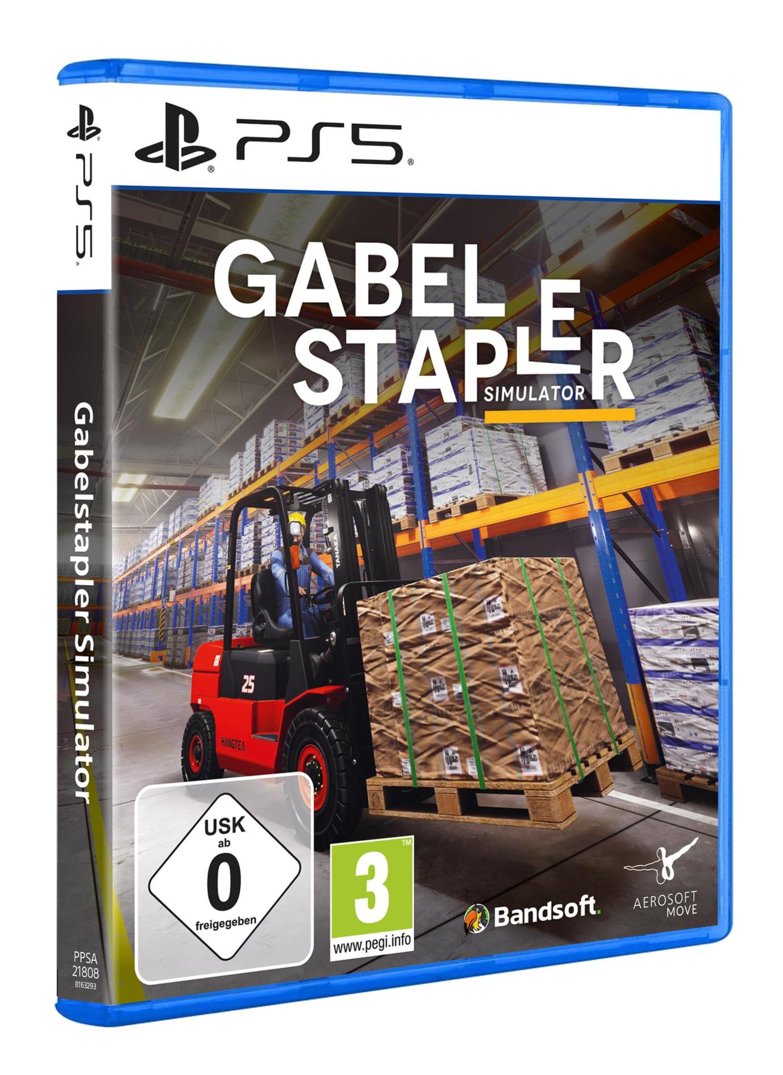 Gabel Stapler Simulator-Spielcover für PS5. Ein Gabelstapler transportiert eine Palette in einem Lager.