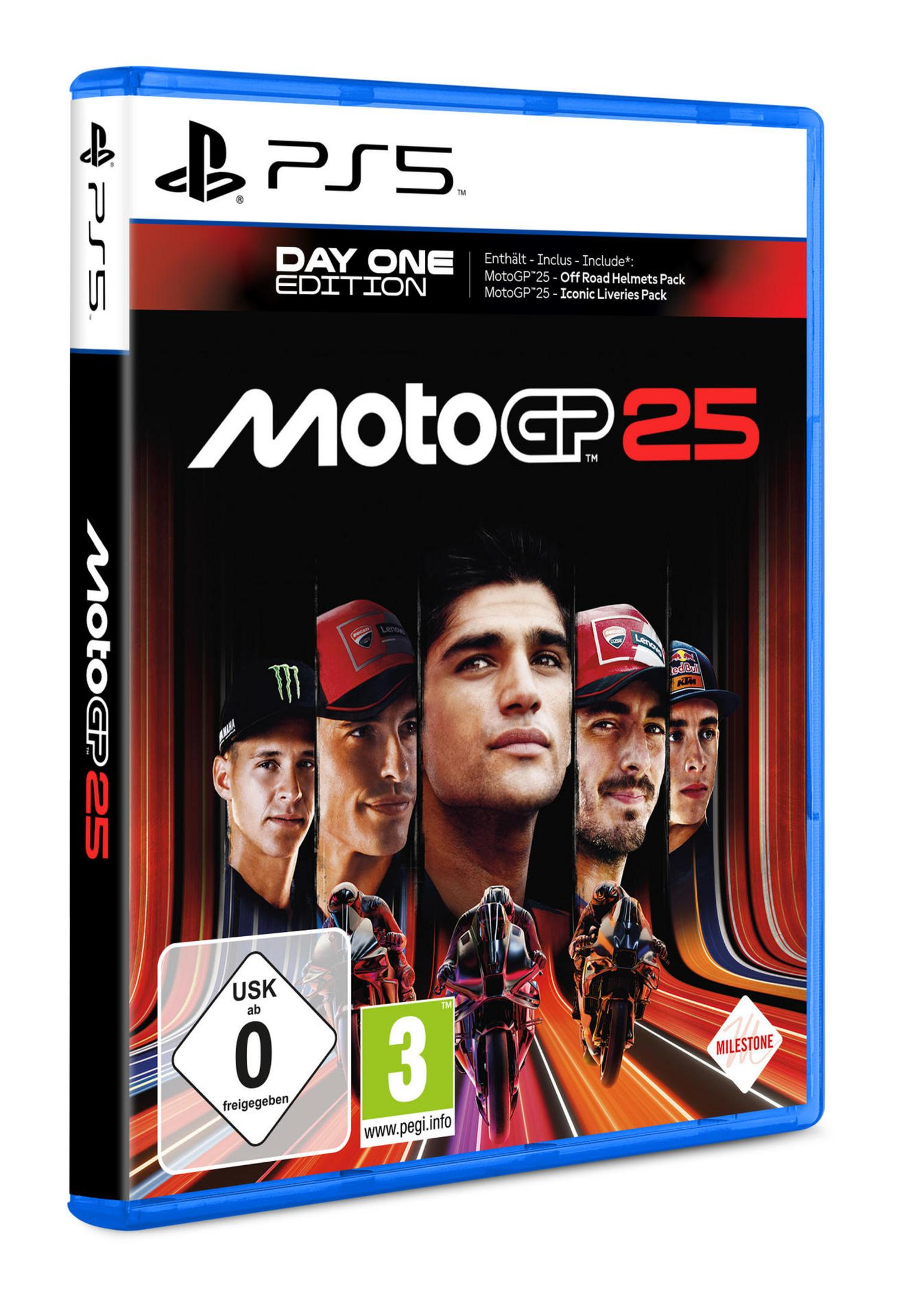 Ein PS5-Spielcase. Das Cover zeigt mehrere Rennfahrer und den Titel 'MotoGP 25'.