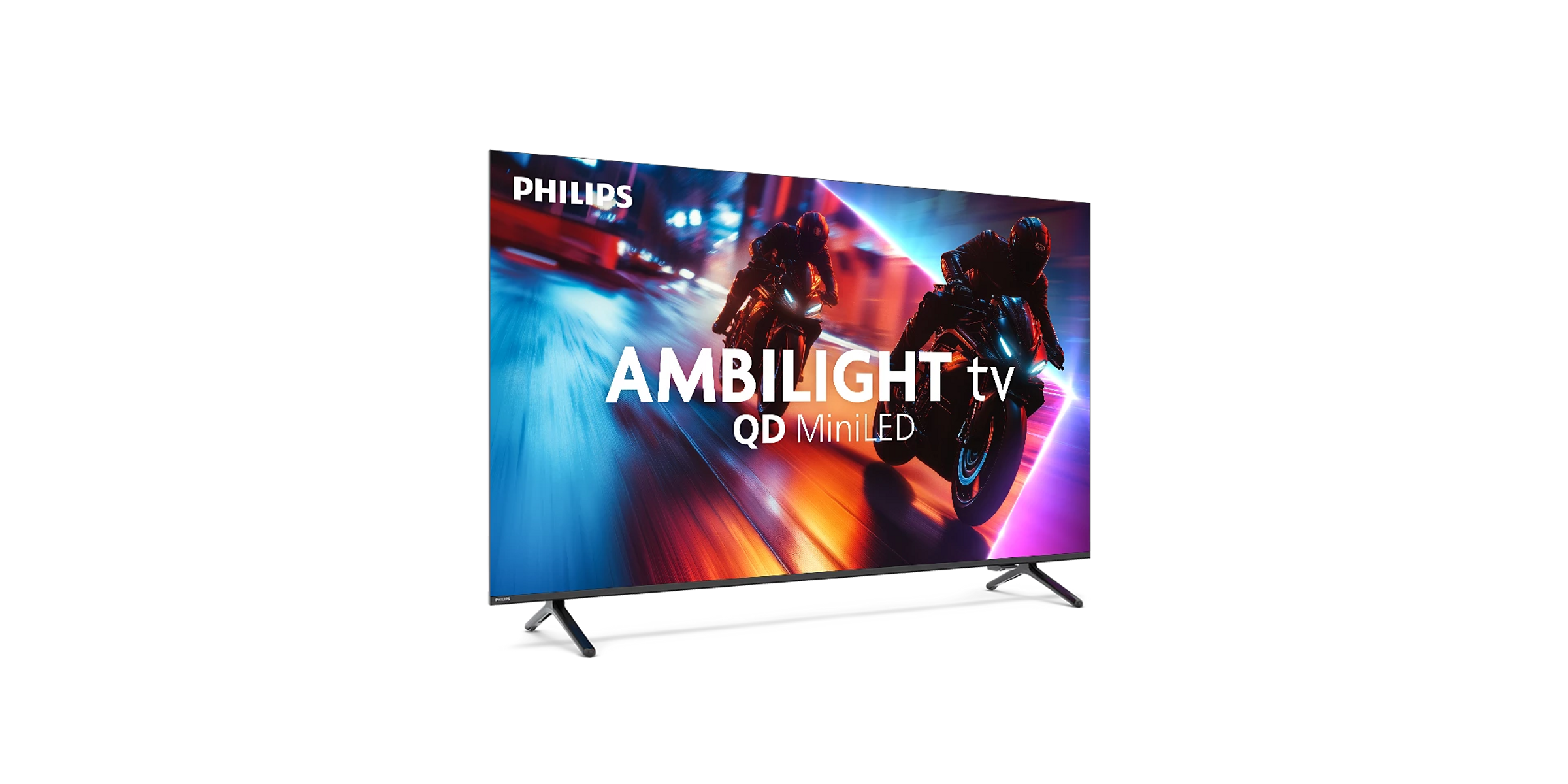 Telewizor Philips Ambilight wyświetlający scenę wyścigu motocyklowego, ustawiony pod kątem na tle czarnego tła.
