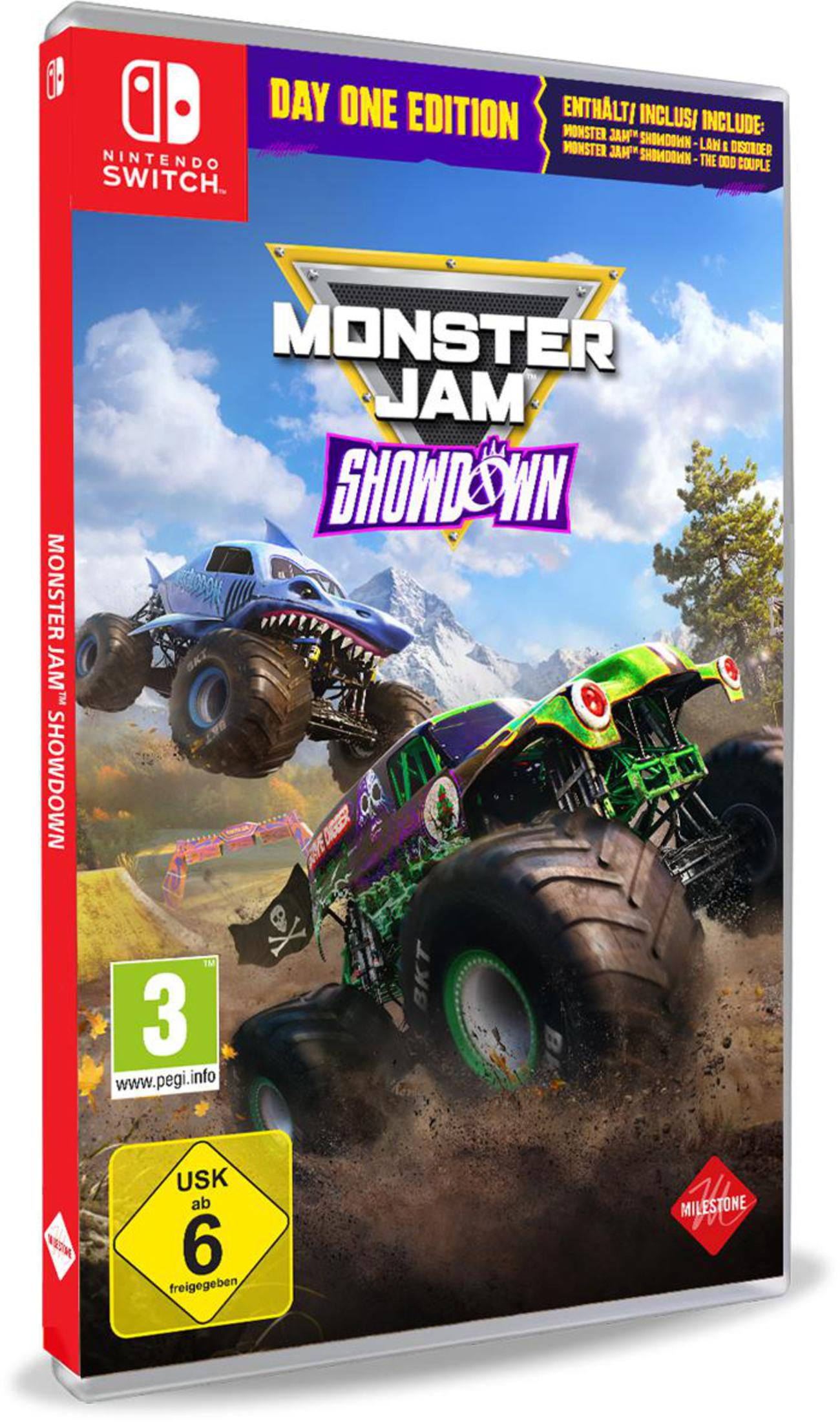 Das Cover des Videospiels Monster Jam Showdown zeigt zwei Monstertrucks auf einer Schotterpiste vor dem Hintergrund von Himmel und Bergen.