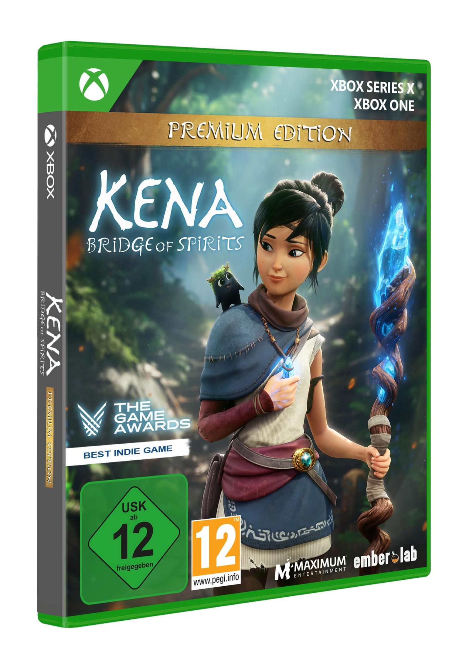 Kena: Bridge of Spirits Premium Edition-Spielcover mit Kena, einer kleinen schwarzen Kreatur und einem magischen blauen Stab.